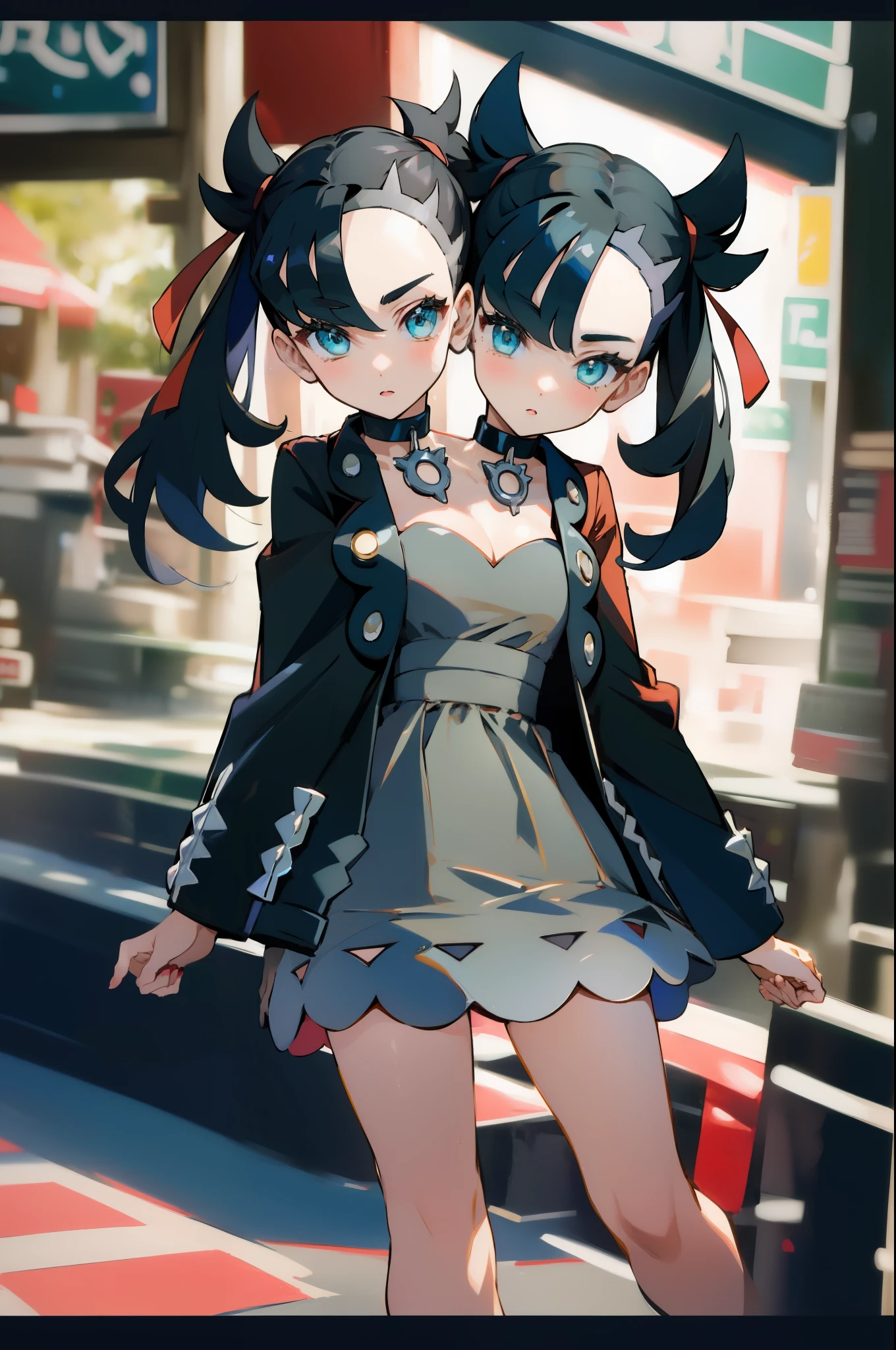 (2heads:1.3), (masterpiece, best quality),  intricate details,
1girl,   marnie_pokemon, choker, red ribbon, black choker, dress, jacket, black jacket
pokemon, outdoors, sunny,