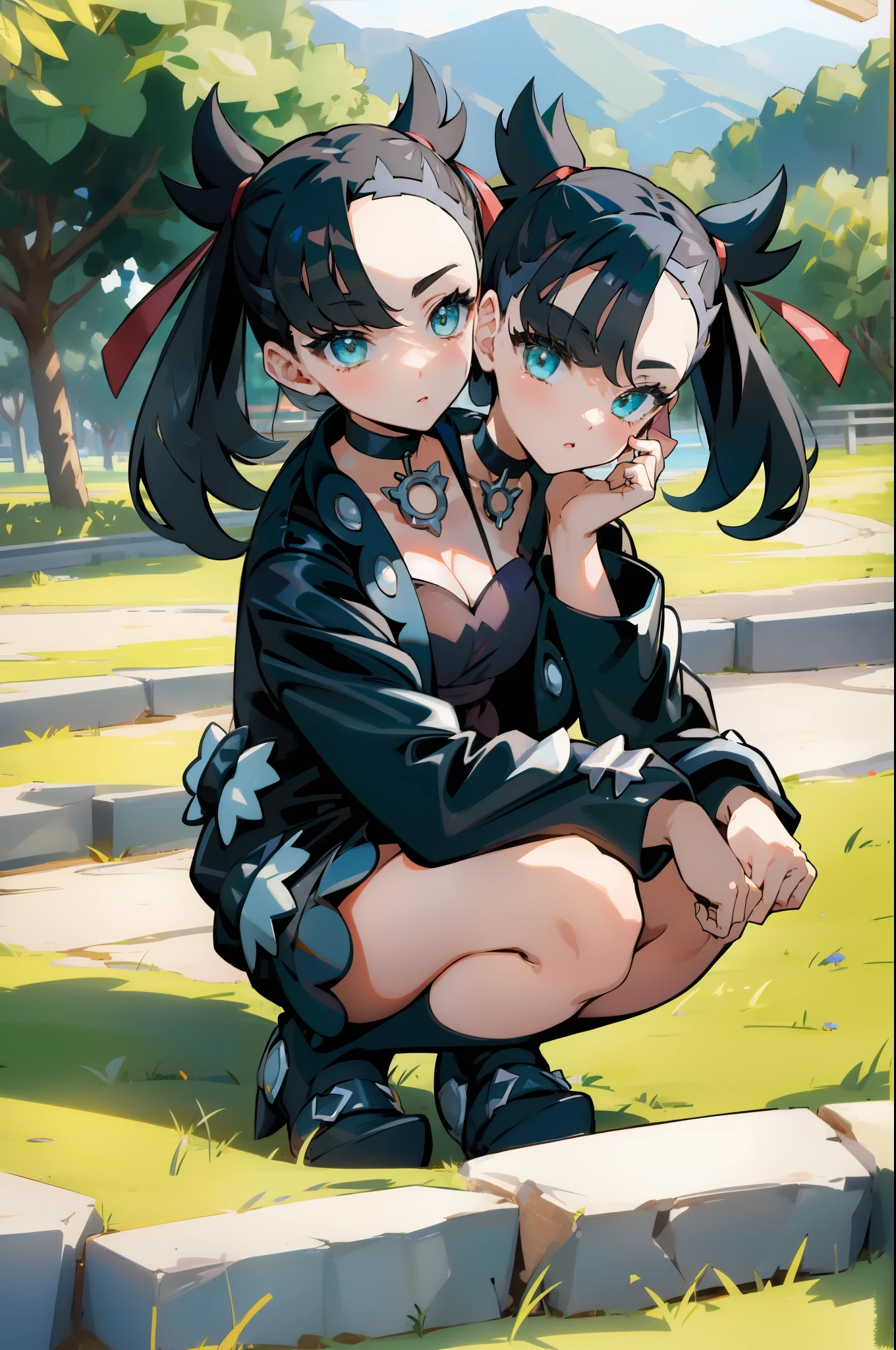 (2heads:1.3), (masterpiece, best quality),  intricate details,
1girl,   marnie_pokemon, choker, red ribbon, black choker, dress, jacket, black jacket
pokemon, outdoors, sunny, squatting