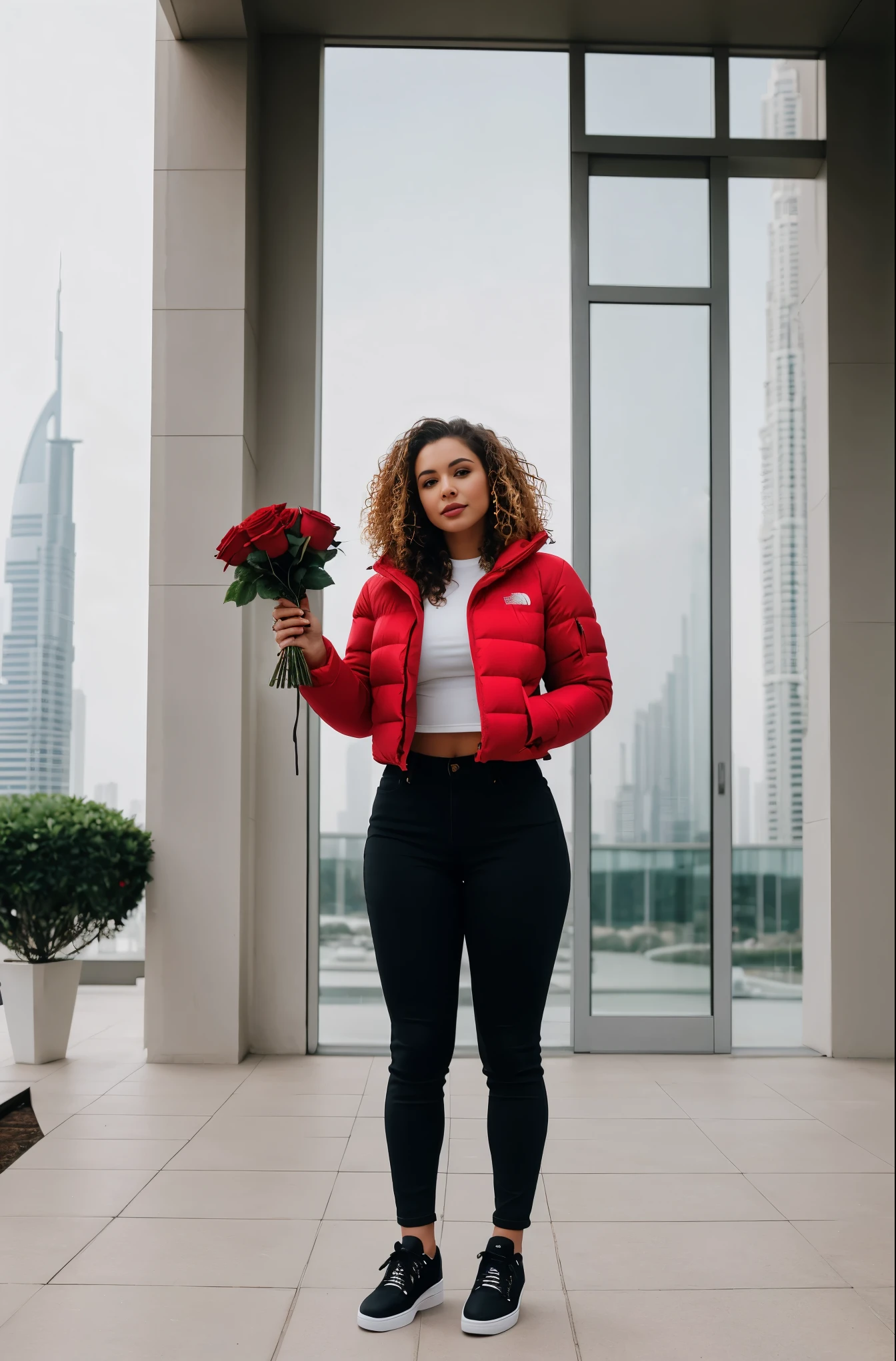 A beautiful white woman in the front of dubai mallget ready for valentine day. Taking full body portrait picture in the front of high rise buildings in the background .She is a fitness freak woman. Her hair is curly, her breast size is big and round shaped attractive and tasteful.Round shape breast size.her age is around 25 years. Photo quality 64k good and Taken in Evening time in the luxury house. Full body portrait pictures. Background is not blur.she is holding red roses in the hand. She is wearing black clothes and air force one shoes. She is wearing north face puffy red jacket. She is holding red roses in front face camera picture. She is wearing black ripped jeans
