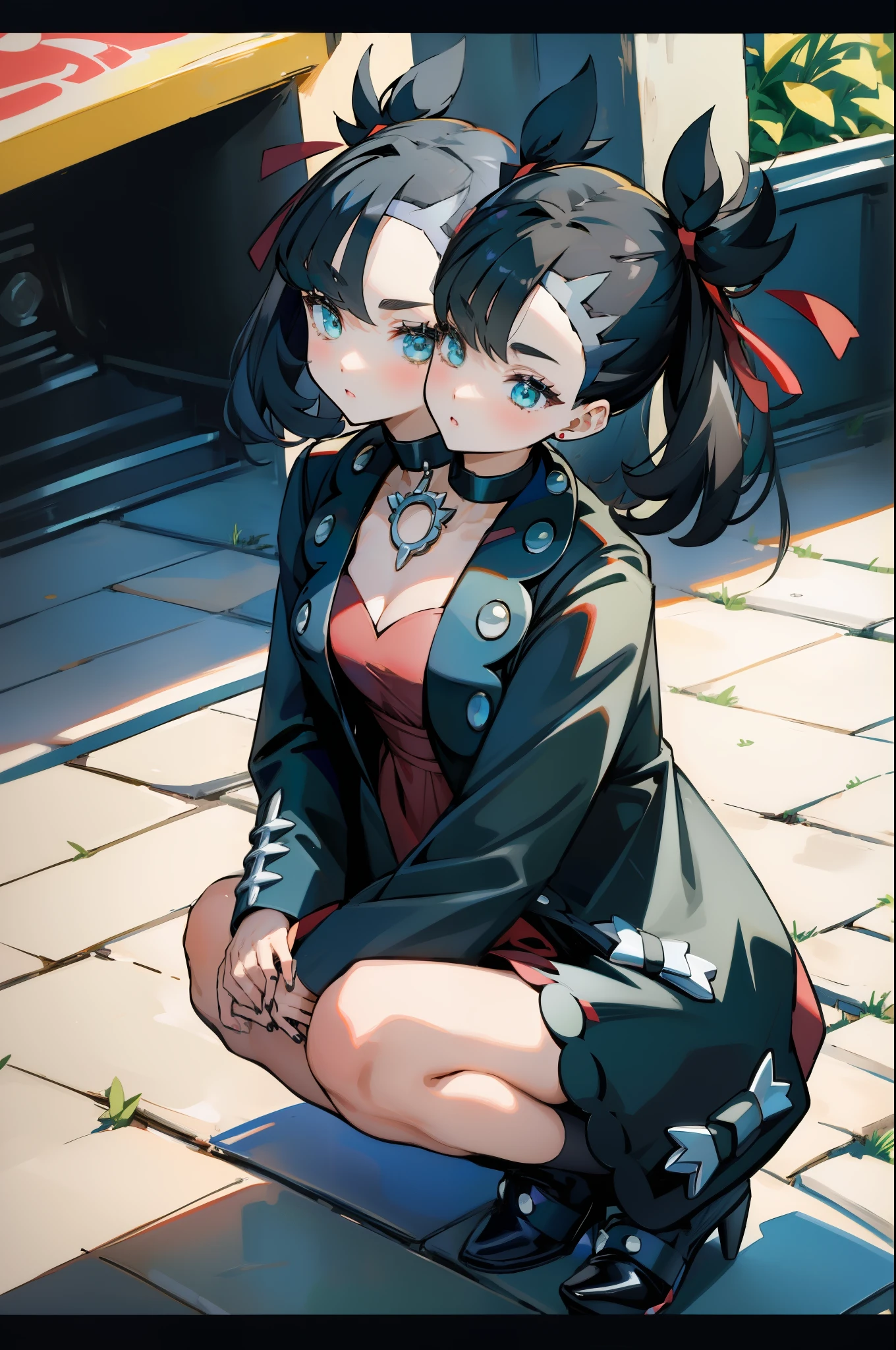 (2heads:1.3), (masterpiece, best quality), intricate details,
1girl, marnie_pokemon, choker, red ribbon, black choker, dress, jacket, black jacket, black nails,
pokemon, outdoors, sunny, squatting