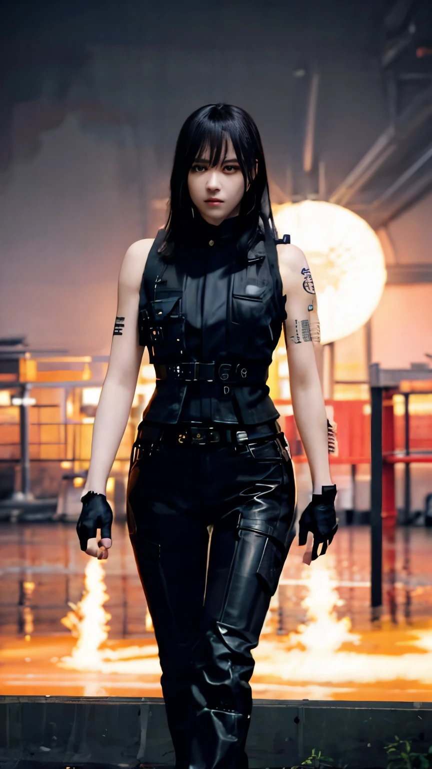 highest quality,masterpiece,Super detailed,8K, UHD,Beautiful woman,japanese woman,Expressionless,(Topless),whole body,((tattoo)),slim,black leather pants,black leather vest,(female mafia),gangster,(cyberpunk city),night,cinematic lightening,movie poster,underworld