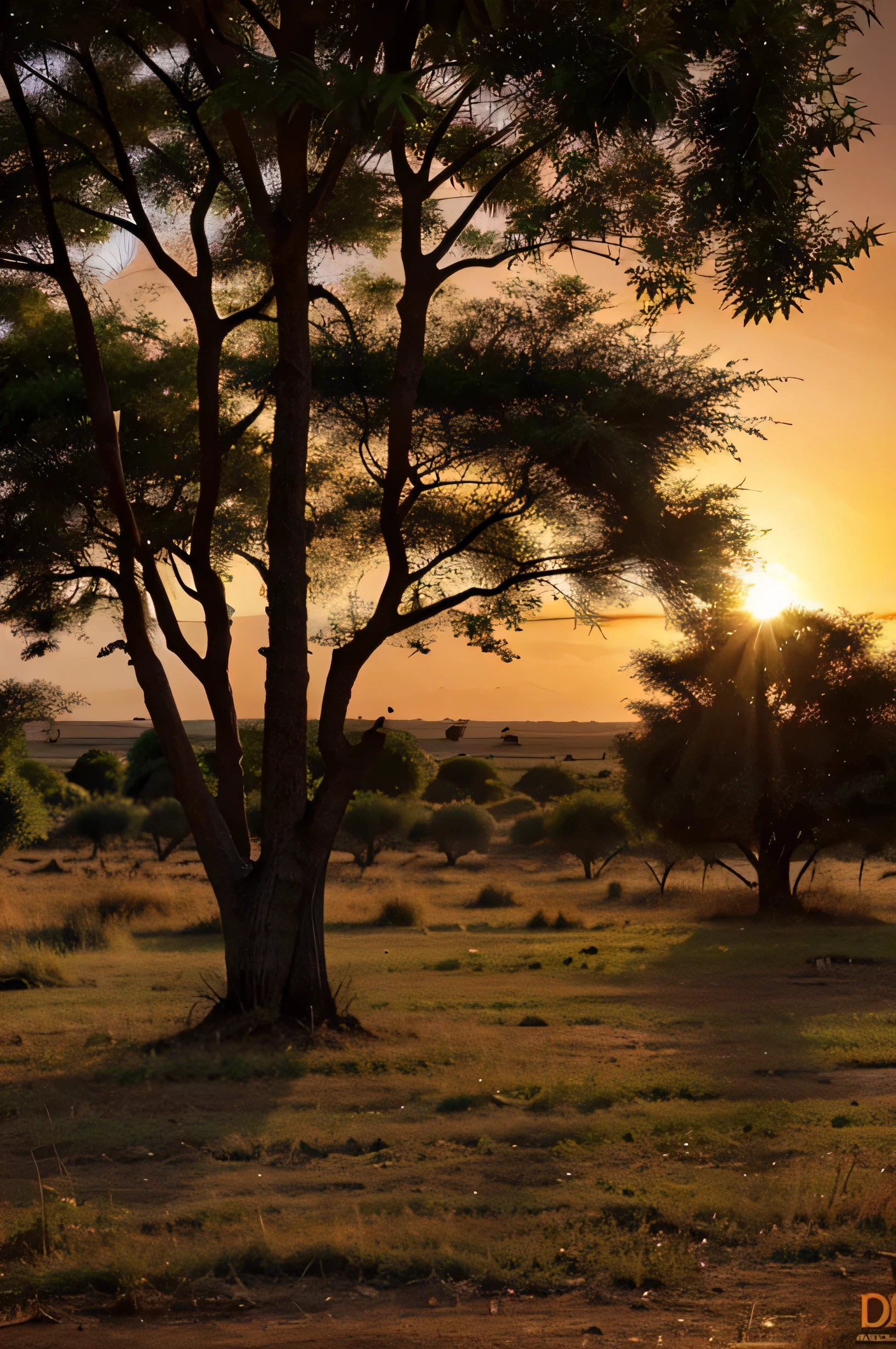 create a digital african map connecting the 54 countries with sun set background with trees