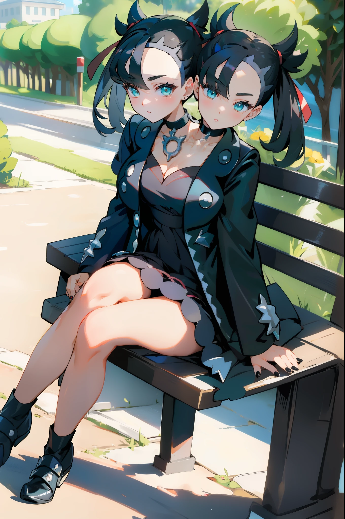 (2heads:1.3), (masterpiece, best quality), intricate details,
1girl, marnie_pokemon, choker, red ribbon, black choker, dress, jacket, black jacket, black nails,
pokemon, outdoors, sunny, sitting on bench, legs crossed, crossed legs