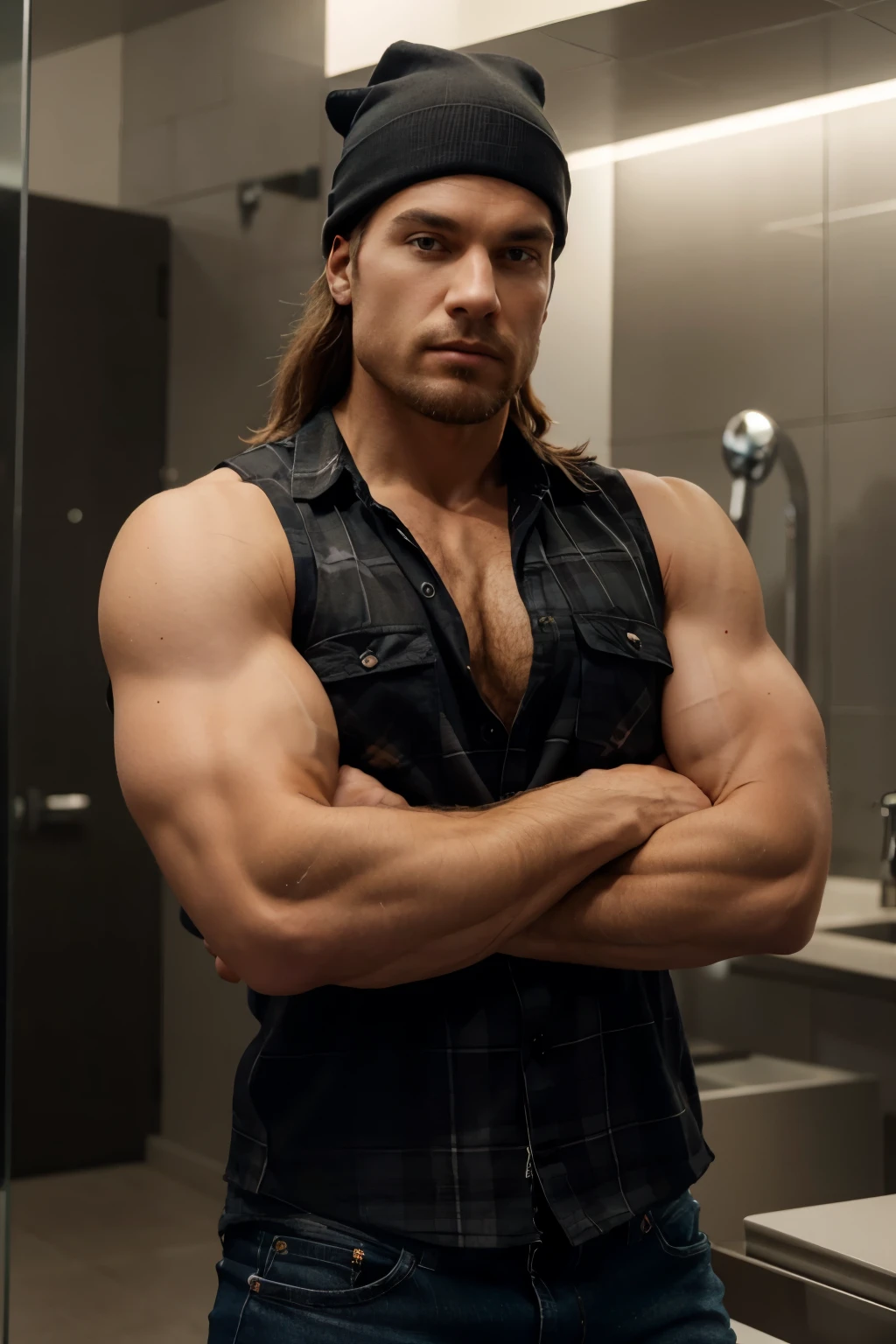 zeige mir einen wanderer. He is muscular and wears a sleeveless flannel shirt. er hat einen bart.
