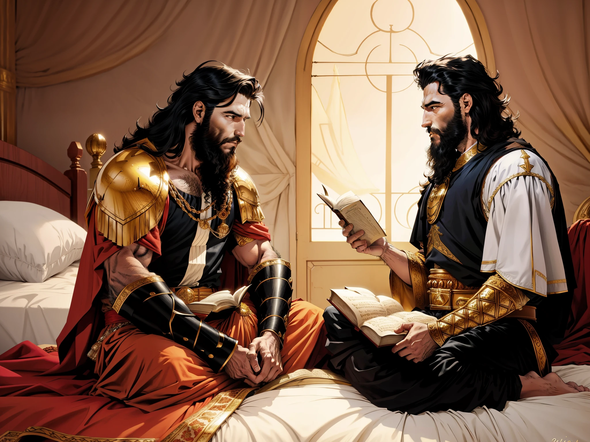 There is a king with a beard and black hair sitting on a bed. There are two servants standing with a book in their hand. biblical costumes. biblical style. biblical setting.