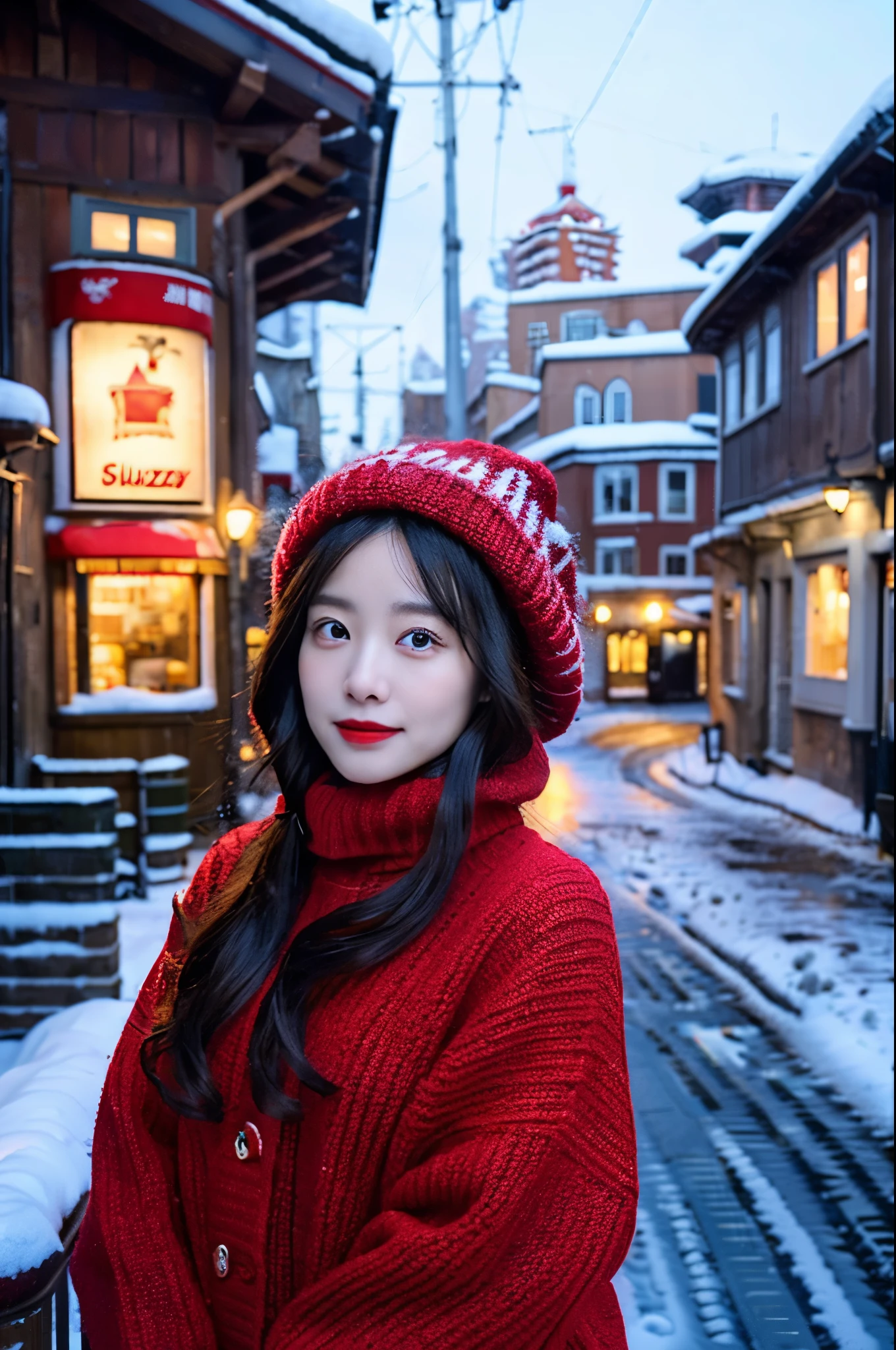 dressed in a red sweater、A woman wearing a red knitted hat。she is wearing denim patterned pants、While protecting yourself from the winter cold、I enjoy stylish and warm fashion.。
Snowy European cityscape。Snow piled up、Roofs and streetlights are covered in white、Snow is piled up in the alley。Warm lights illuminate the city、Atmospheric buildings and arches blend into the snowy landscape。
