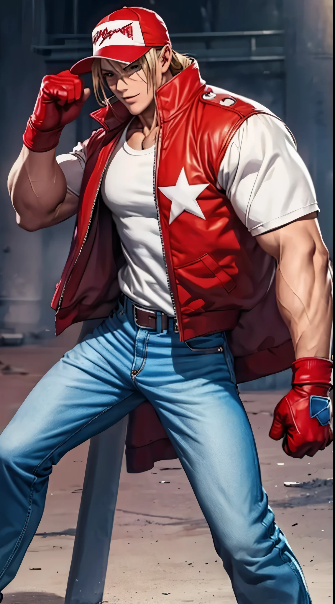 Terry Bogard LoRa, male character, handsome, white shirt, red jacket, blue pants, cap, combat stance(body), super detailed, muscle, black gloves, boxing landscape.