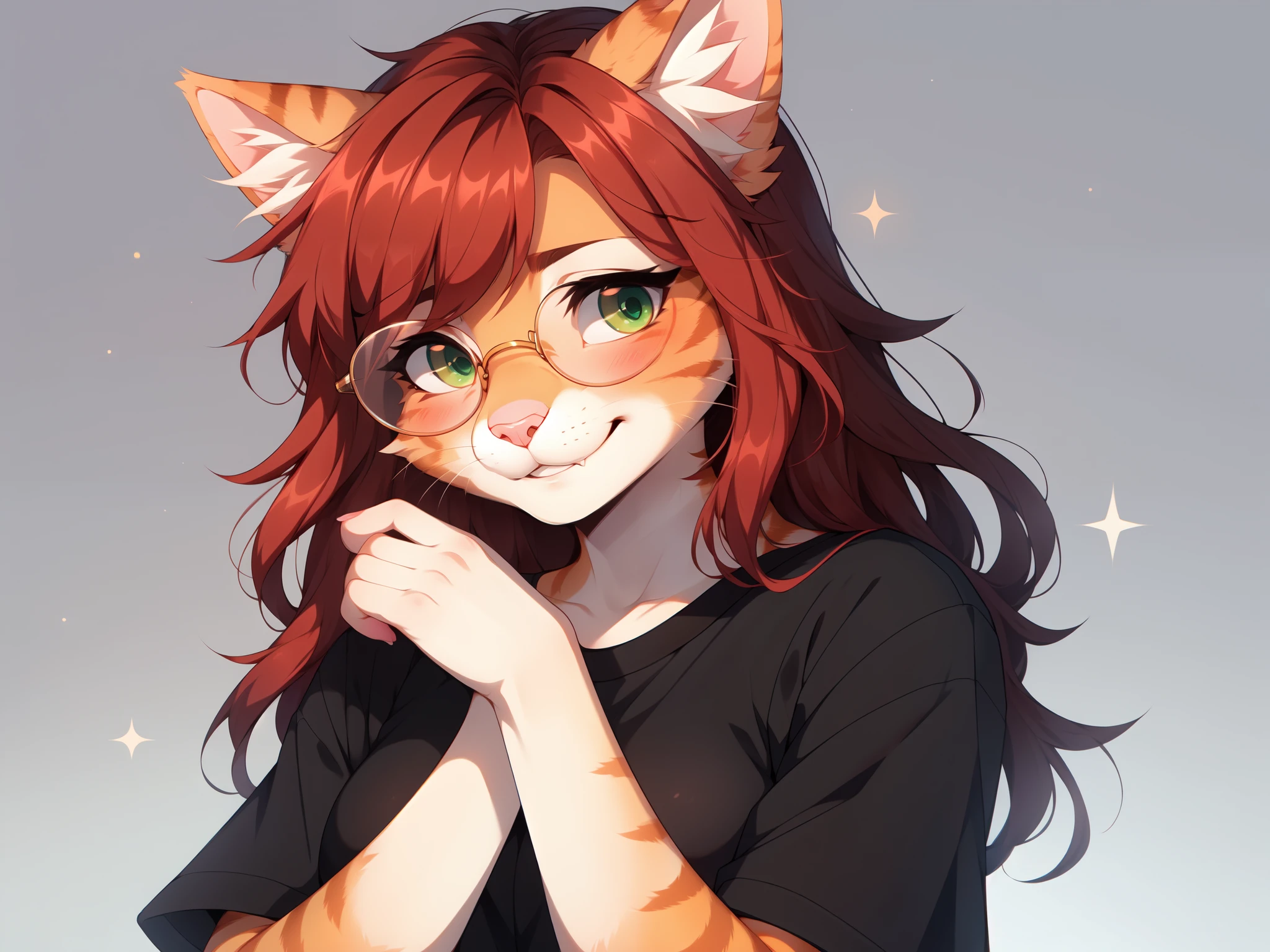 Solo:1.5, By fumiko, by hyattlen, by hioshiru, Sam, tabby cat, orange fur, furry girl, green eyes, long red hair, cute cat snout , pink nose, naked, small breasts, wearing black shirt, big round glasses, bashful smile, looking embarrassed, looking away, feline teeth, adjusting her glasses with a hand, close up portrait, mouth slightly open, blushing