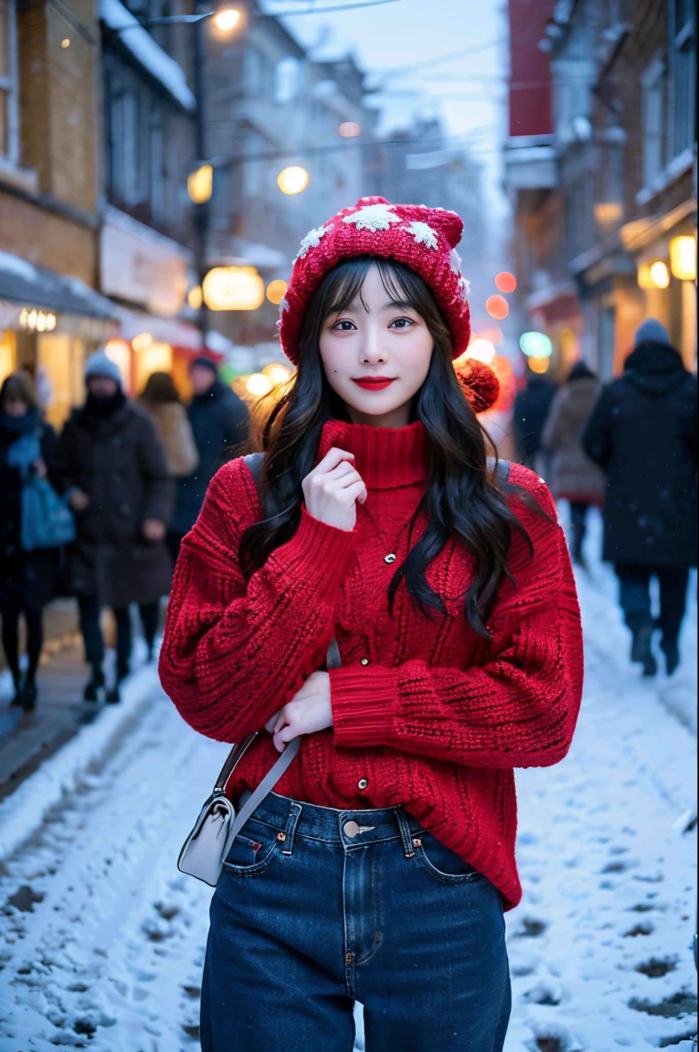dressed in a red sweater、A woman wearing a red knitted hat。she is wearing denim patterned pants、While protecting yourself from the winter cold、I enjoy stylish and warm fashion.。
Snowy European cityscape。Snow piled up、Roofs and streetlights are covered in white、Snow is piled up in the alley。Warm lights illuminate the city、Atmospheric buildings and arches blend into the snowy landscape。