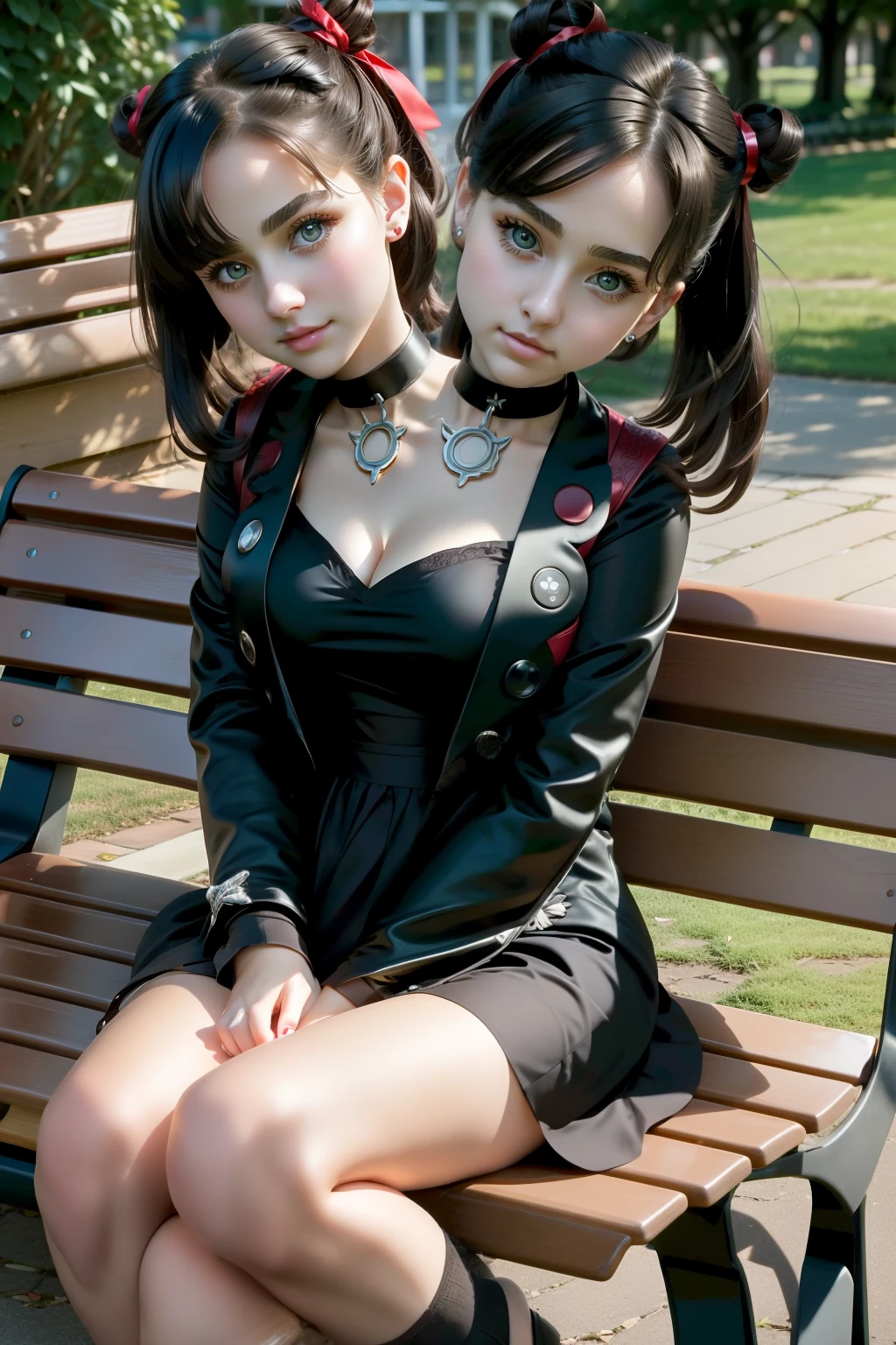 (2heads:1.3), (masterpiece, best quality),  intricate details,
1girl,   marnie_pokemon, choker, red ribbon, black choker, dress, jacket, black jacket, black nails, pale skin,
pokemon, outdoors, sunny, sitting on bench, legs crossed, crossed legs