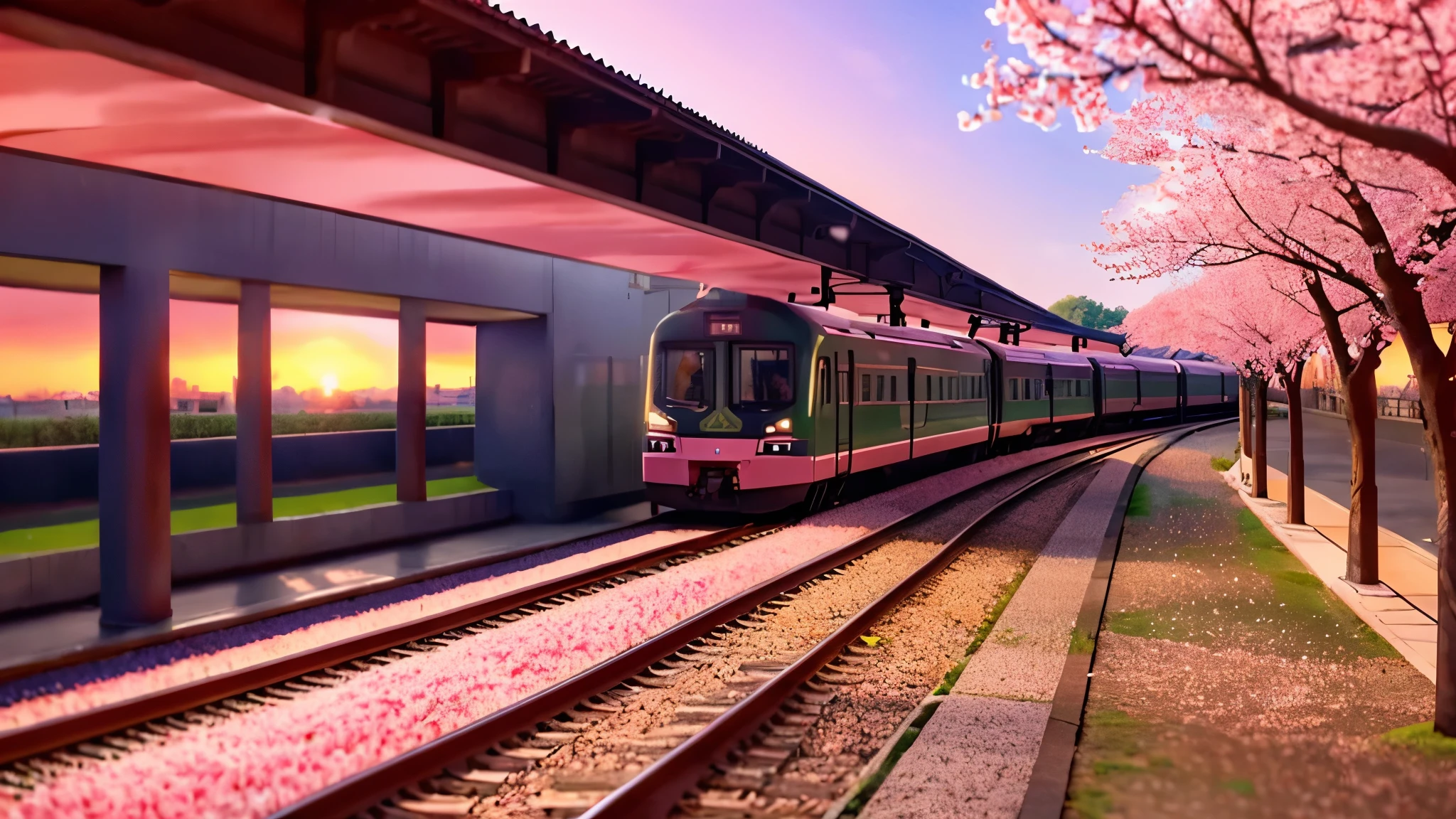 An anime-style animation of a train running through a cherry blossom tunnel with a romantic sunset in the background. The train is surrounded by pink petals and the sky is painted with shades of pink and orange. The animation focuses on the beauty of the cherry blossoms and the romantic atmosphere created by the sunset.