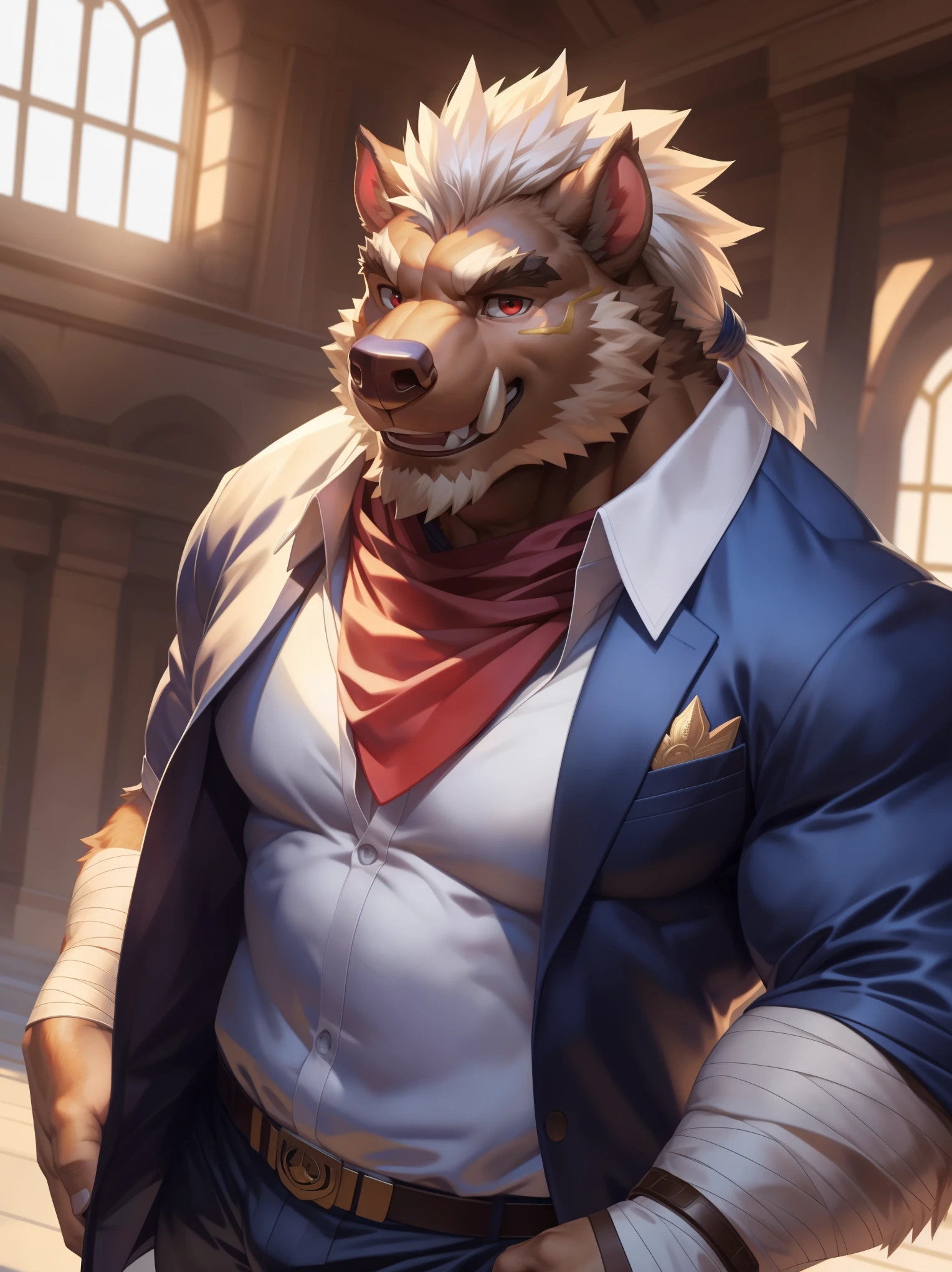 solo, anthro, furry, furry male, boar, ((fluffy fur, fluffy, furry body)), (brown fur, boar print), brown body, white hair, snout, pink nose, red eyes, boar tail, detailed teeth, detailed face, ponytail, spike ponytail, detailed fluffy fur, detailed face, detailed eyes, detailed tusk, Decorative coat, detailed face, detailed eyes, dark blue slack pants, Gold trimming on coat, white undershirt, white shirt, red bandana around the neck, full body, fantasy grand hall, (by null-ghost, by raccoon21, masterpiece, high quality, hi-res,8k), standing, close-view portrait, looking at viewer, indoor, happy expression, day, smirk, dynamic pose, hand wraps, detailed hands,