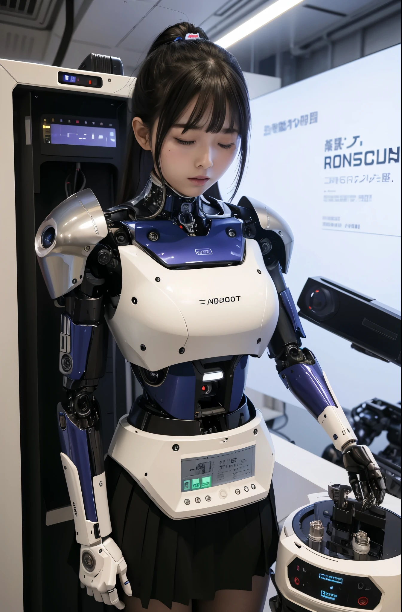 masterpiece, best quality, extremely detailed, Japaese android girl,Plump , control panels,android,Droid,Mechanical Hand, Robot arms and legs,Blunt bangs,perfect robot girl,long tube,thick cable connected her neck,android,robot,humanoid,cyborg,japanese cyborg girl ,future laboratory,robot laboratory,maintenance,connecting a cable between the legs,skirt, She is charging now,（sleep mode:1.5）（closing eyes:1.5）,shake hand