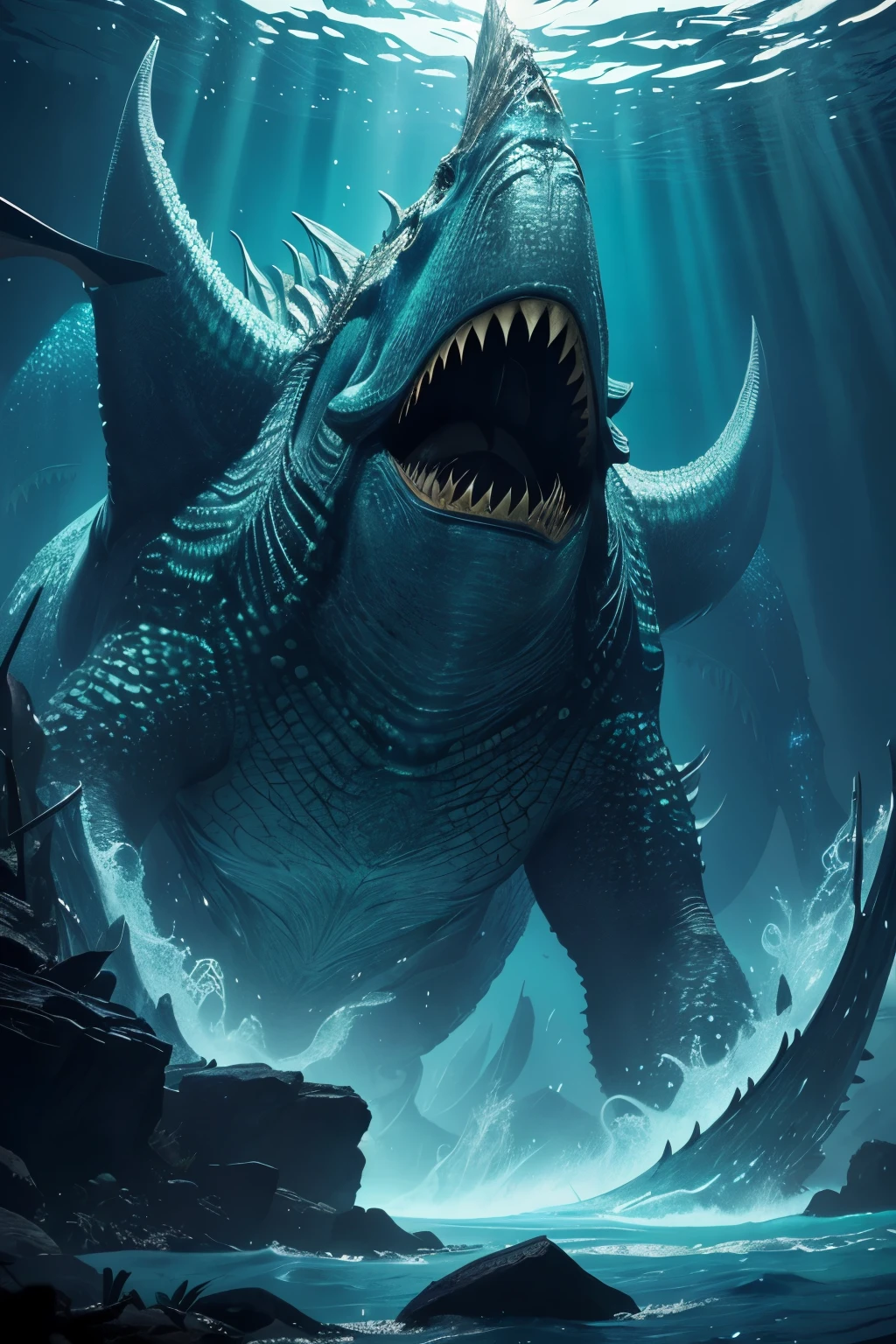 A mesmerizing aquatic behemoth emerges, its colossal form adorned with scales that shimmer and refract the depths of the ocean. The creature's formidable mouth, lined with razor-sharp teeth, exudes an ancient dread that sends shivers down the spine. Its piercing gaze, illuminated with a hypnotic brilliance, captivates all who behold it, hinting at an otherworldly power. With a sinuous body undulating gracefully through the underwater realm, the Leviathan commands awe and reverence. Ethereal lights dance around this enigmatic being, casting an ethereal glow that evokes a divine presence, as if the biblical tales come to life. The image exudes both a sense of raw power and an inscrutable mystery, leaving viewers
