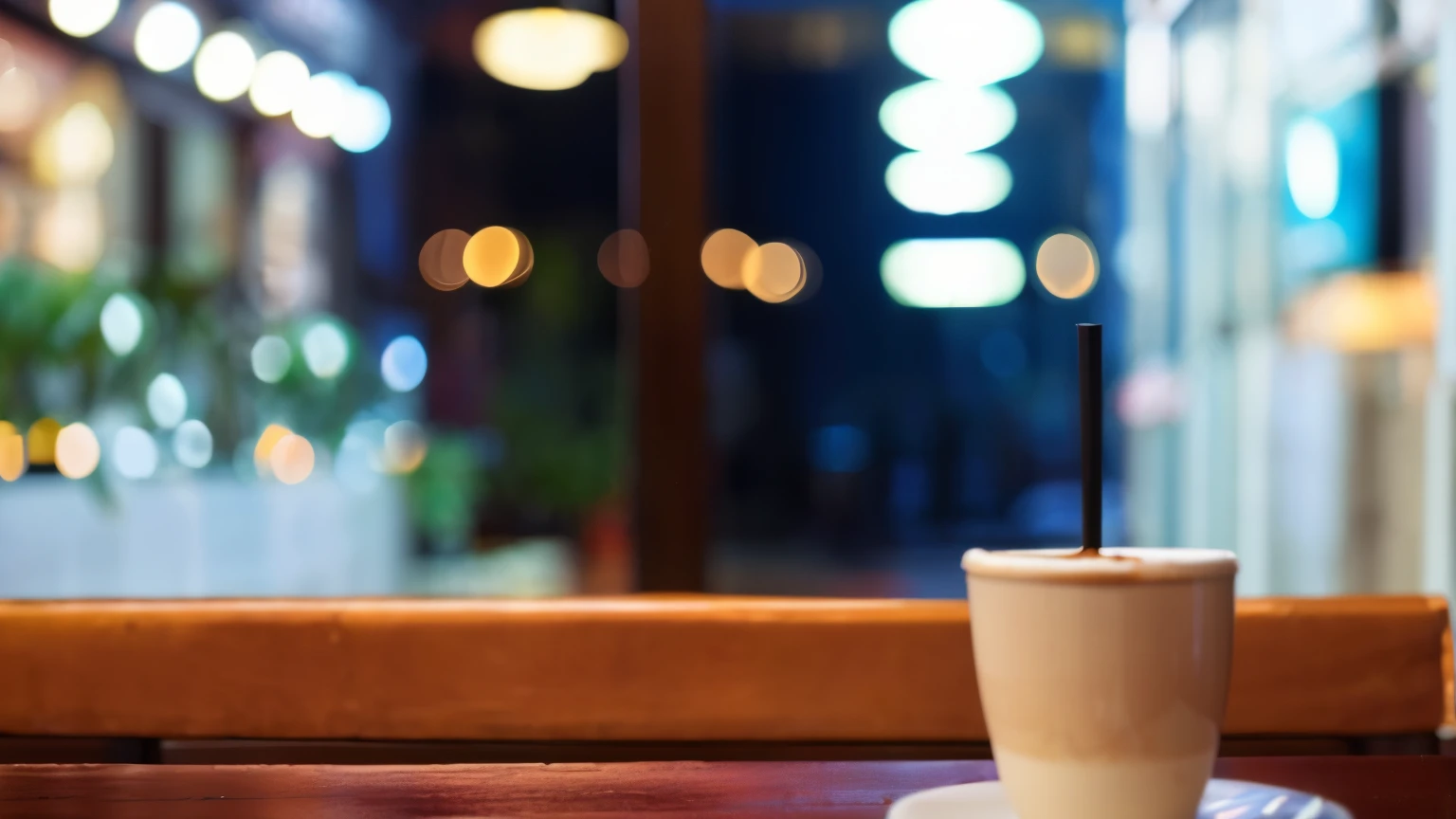 there is a cup of coffee on a table with a straw in it, sitting in a cafe alone, sitting alone in a cafe, cozy cafe background, enjoying coffee at a coffee shop, table in front with a cup, in a coffee shop, sitting in a cafe, sitting on a mocha-colored table, nostalgic atmosphere, morning atmosphere, slightly blurred