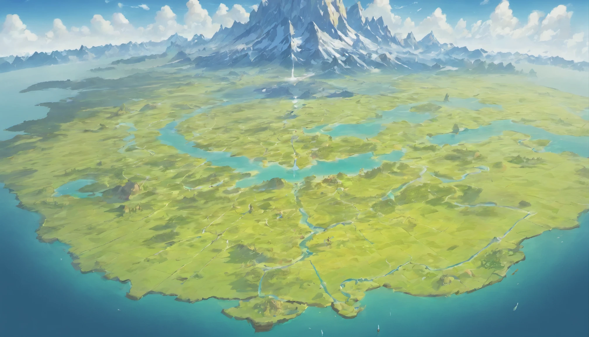 Zelda breath of the wild map,In the middle of the map are plains and hills,(The north of the map is full of plateaus and snow-capped mountains.:1.2),The central part is plains and hills,To the south is the plain,there are some lakes,(To the west of the map is the desert:4.0),(To the east is the river valley:1.4),(The continent is surrounded by the sea:1.4),(Continents have coastlines:1.4),Fantasy cartography,game map,detailed map,Steam workshop map,d&d style fantasy map design,top down view