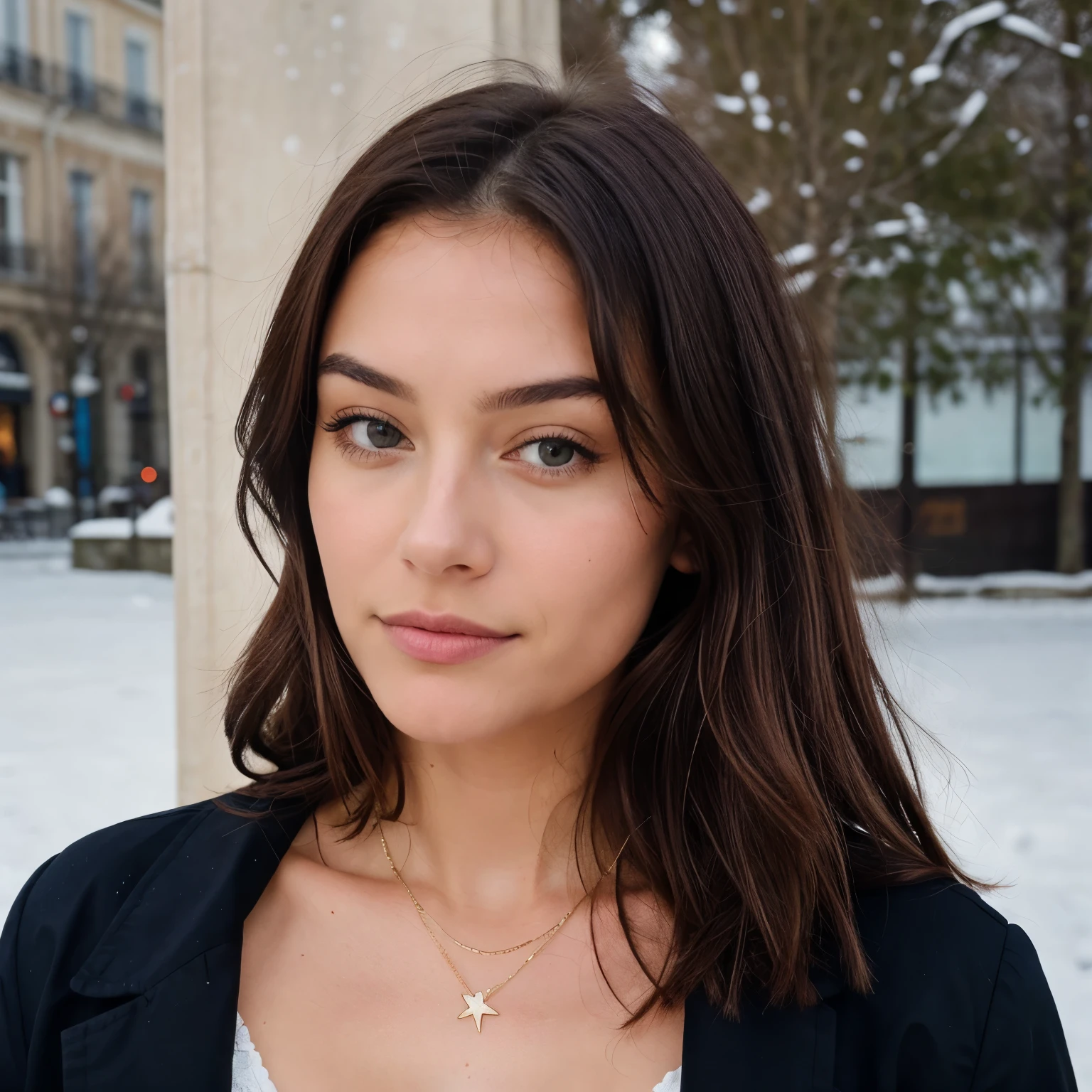 photorealistic, Ultra-detailed, Belle femme, portrait photo, Seulement, look into the camera, debout, beautiful city with scene'arbres, light scene, midi clair, hiver sans neige, L'essence de la vraie vie, cheveux couleur brune, vingt ans, joyeux , show big cleavage, lampes de poche, Ciel cristallin, style analogique, grain de film, meilleure ombre, primitif, LUT Instagram