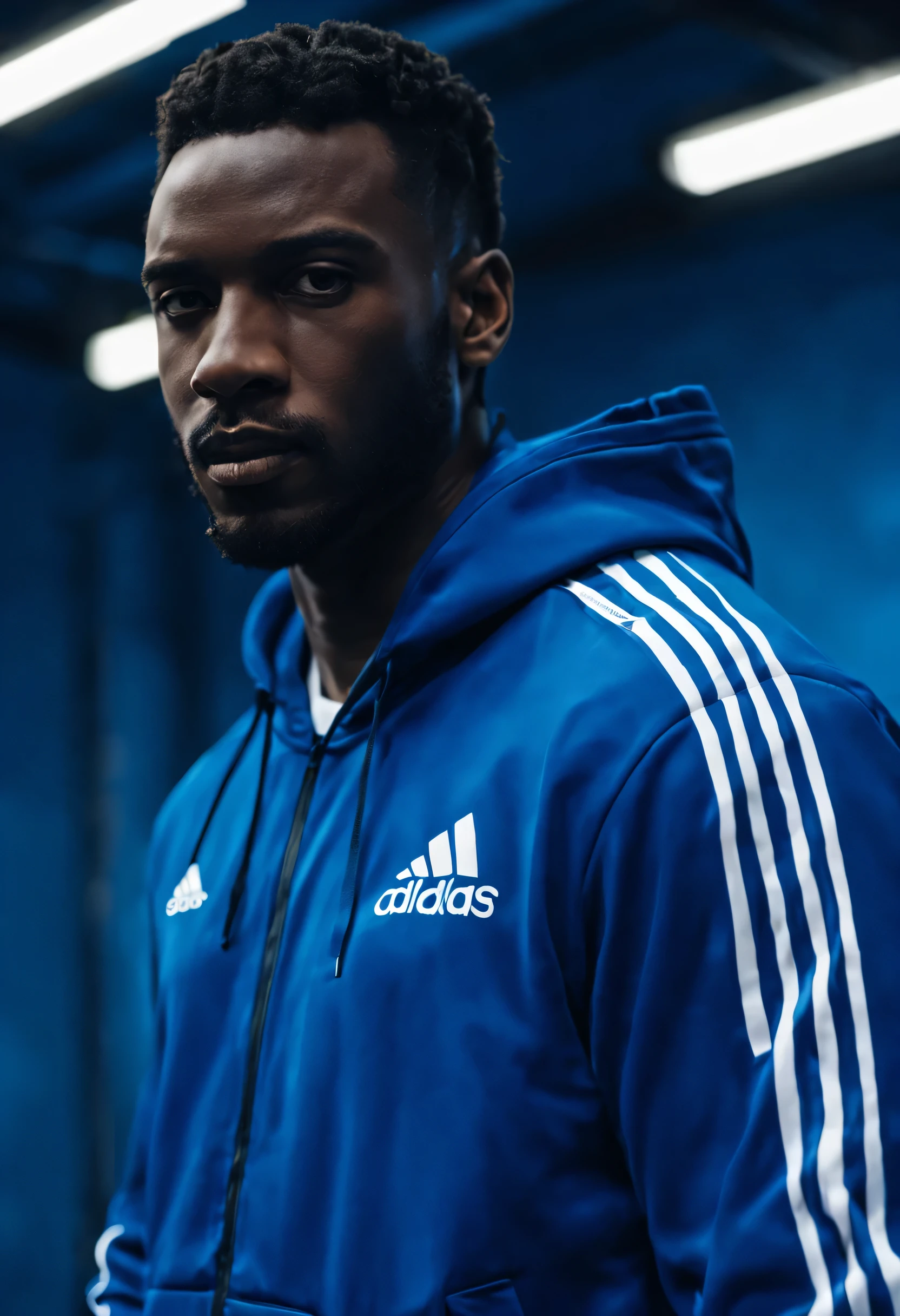 homem negro com roupas esportivas Adidas, posando para fotografia editorial, cena de cores azuis, palco de garagem, luzes baixas, cor azul grande, ultra realista, cinematographic, 8k