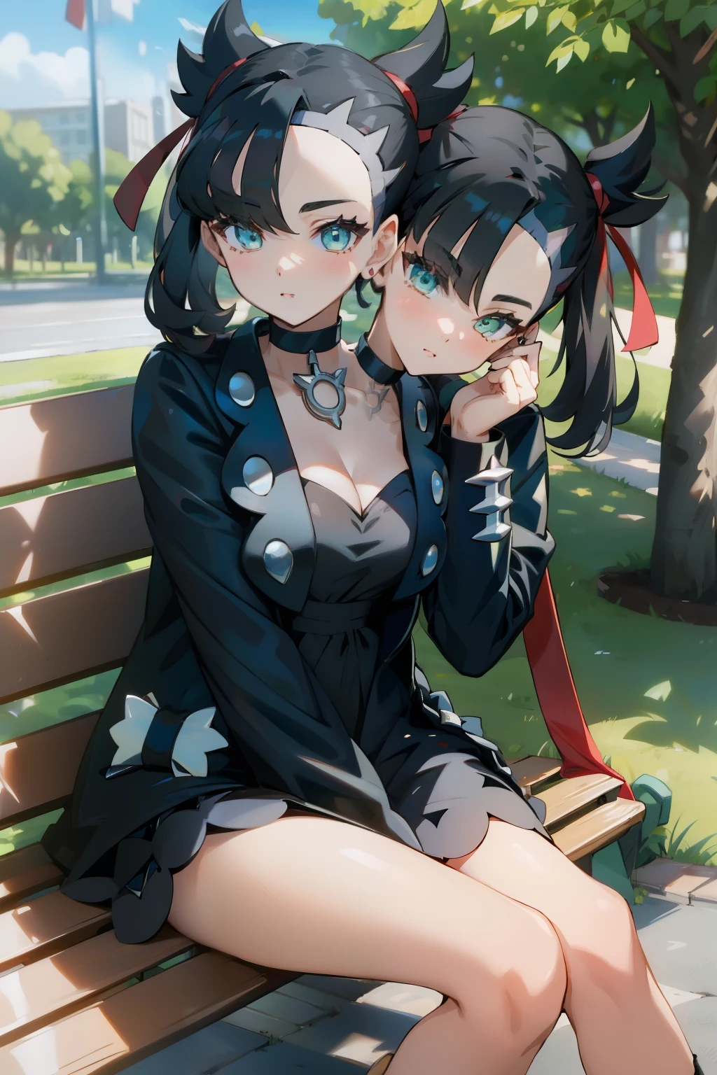 (2heads:1.3), (masterpiece, best quality),  intricate details,
1girl,   marnie_pokemon, choker, red ribbon, black choker, dress, jacket, black jacket, black nails,
pokemon, outdoors, sunny, sitting on bench, legs crossed, crossed legs