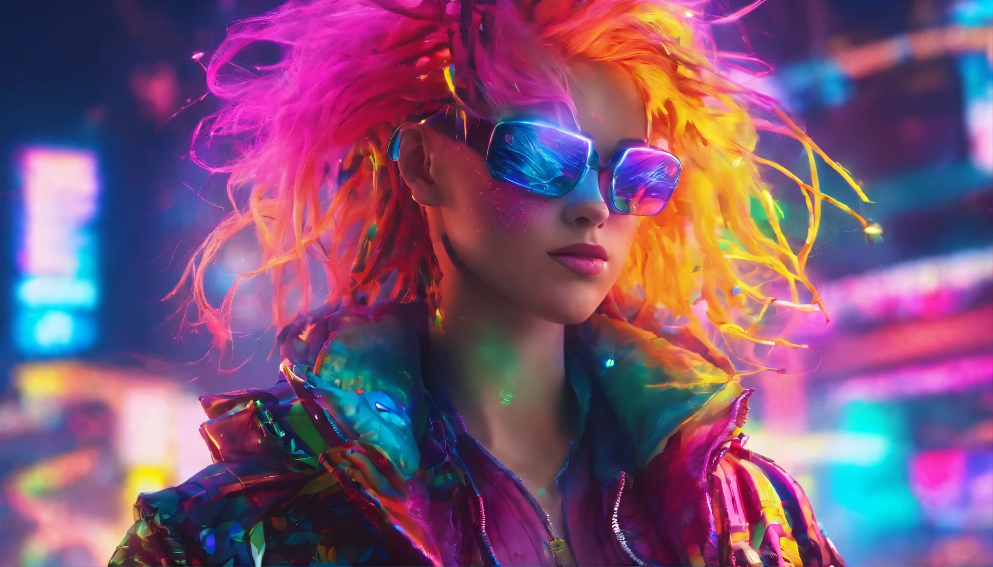 {{masterpiece}}, best quality, extremely detailed CG unity 8k wallpaper, cinematic lighting, lens flare, beautiful detail eyes, black, side glance, multicolor hair, colorful light, particles, heterochromia, (colorful:1.5), (colorful hair:1.5),