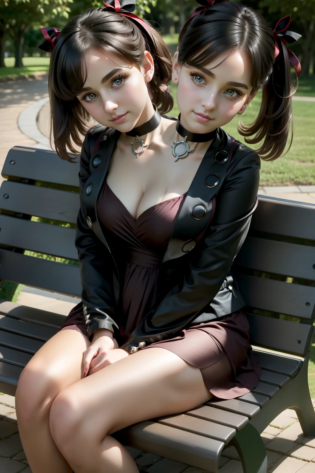 (2heads:1.3), (masterpiece, best quality), intricate details, 1girl, marnie_pokemon, choker, red ribbon, black choker, dress, jacket, black jacket, black nails, pale skin, pokemon, outdoors, sunny, sitting on bench, legs crossed, crossed legs, beautiful, cute, skin imperfections, 4k, 8k, mature woman, (muscular)