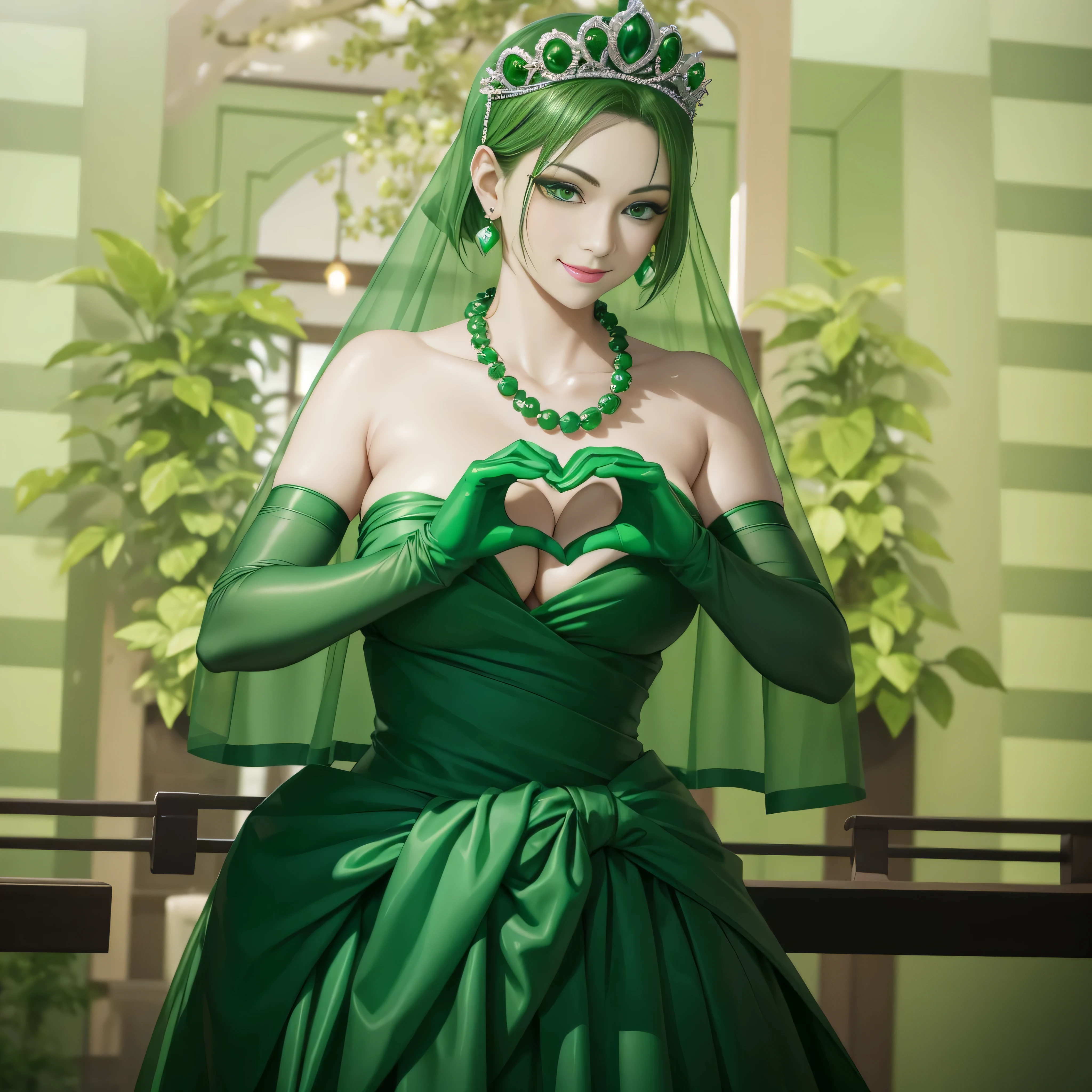 emerald tiara, green pearl necklace, ボーイッシュな非常に短いgreen hair, green lips, smiling Japanese woman, very short hair,  Beauty with large breasts, green eyes, Long Green Satin Gloves, green eyes, emerald earrings, green veil, heart with both hands, green hair, beautiful japanese woman, heart shaped hands:1.3, green lip gloss