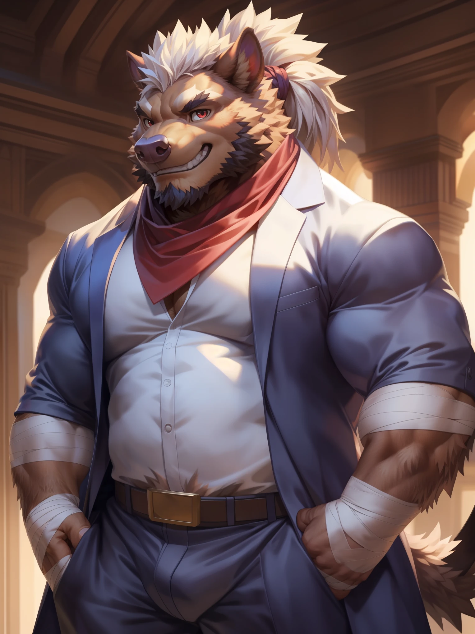 solo, anthro, furry, furry male, boar, ((fluffy fur, fluffy, furry body)), (brown fur, boar print), brown body, white hair, snout, pink nose, red eyes, boar tail, detailed teeth, detailed face, ponytail, spike ponytail, detailed fluffy fur, detailed face, detailed eyes, detailed tusk, Decorative coat, detailed face, detailed eyes, dark blue slack pants, Gold trimming on coat, white undershirt, white shirt, red bandana around the neck, full body, fantasy grand hall, (by null-ghost, by raccoon21, masterpiece, high quality, hi-res,8k), standing, close-view portrait, looking at viewer, indoor, happy expression, day, smirk, dynamic pose, hand wraps, detailed hands,