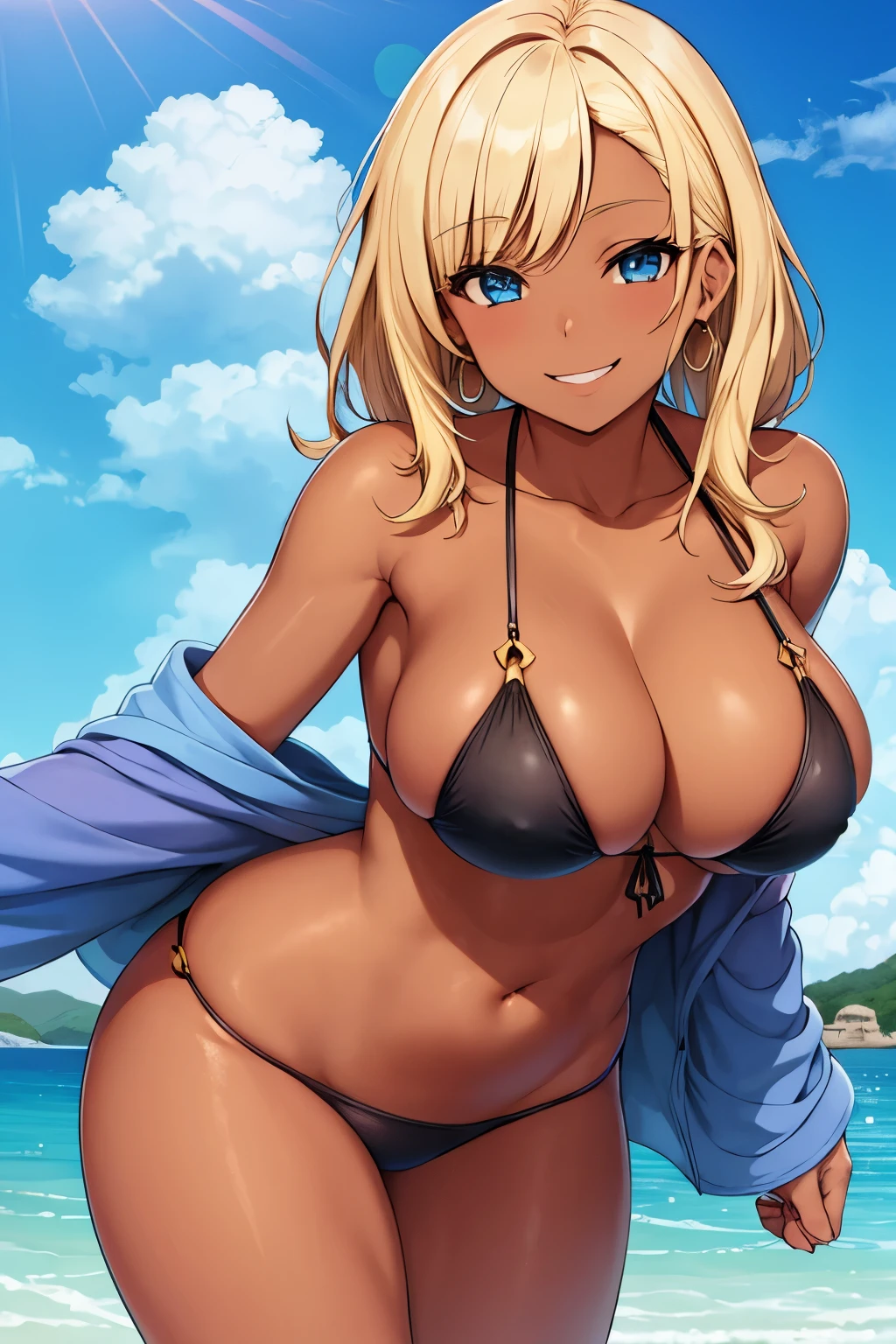 Swimsuit, bikini, smile, beautiful girl, dark skin, blonde, big breasts, big butt,