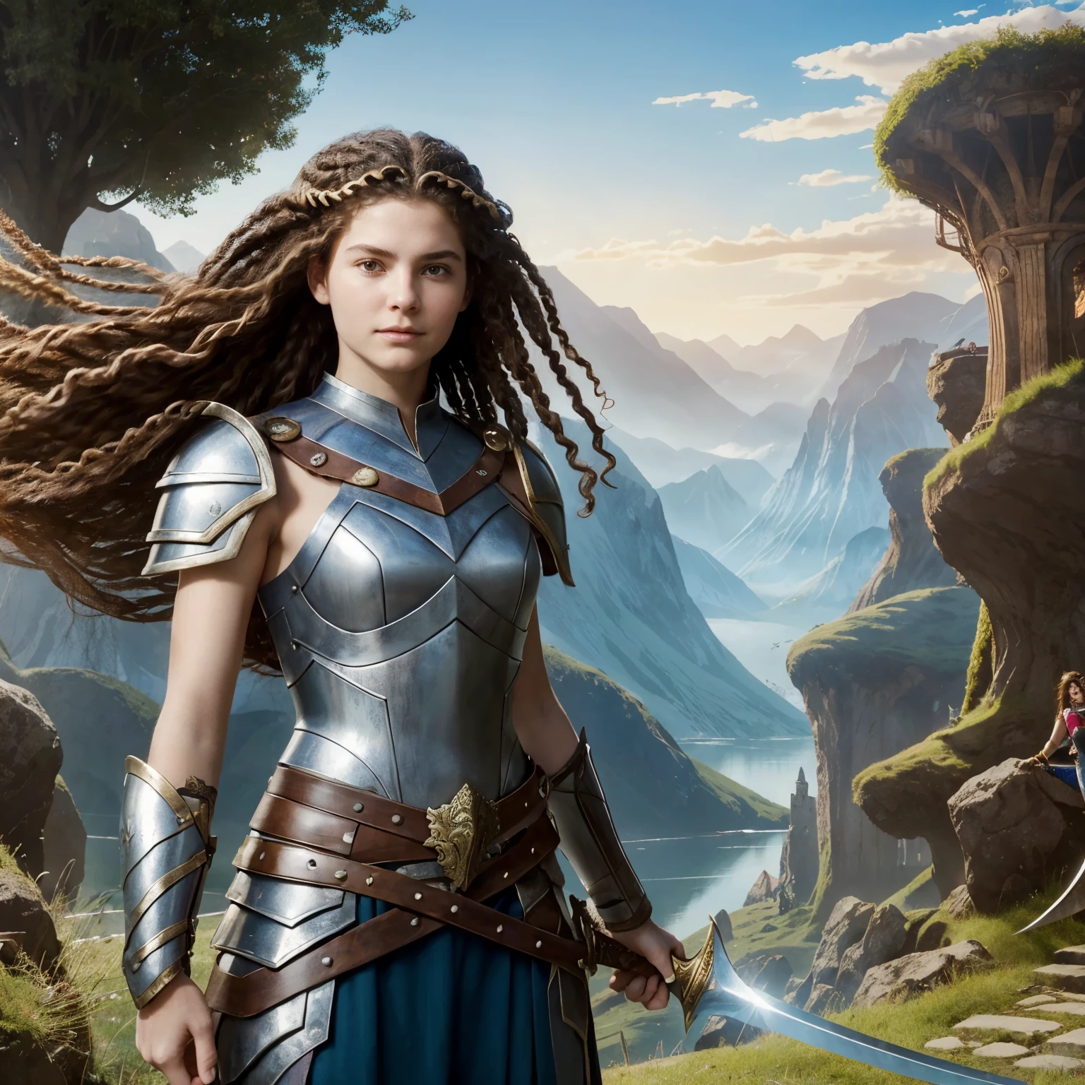 Young woman, age 15, bard, hair like that of Medusa, warrior armor, fantasy world, shield in right hand, sword in left hand, large image.
A captivating depiction of a young bard in a fantasy realm, boasting hair reminiscent of the legendary Medusa and adorned in warrior armor. She proudly wields a shield in her right hand and a sword in her left, radiating courage and strength. The powerful image showcases her youthful vitality and the allure of the enchanting fantasy world she inhabits.