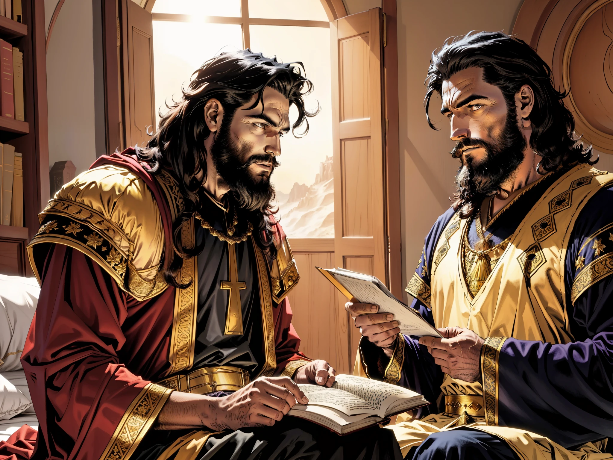 There is a king with a beard and black hair sitting on a bed. There are two servants standing with a book in their hand. biblical costumes. biblical style. biblical setting.