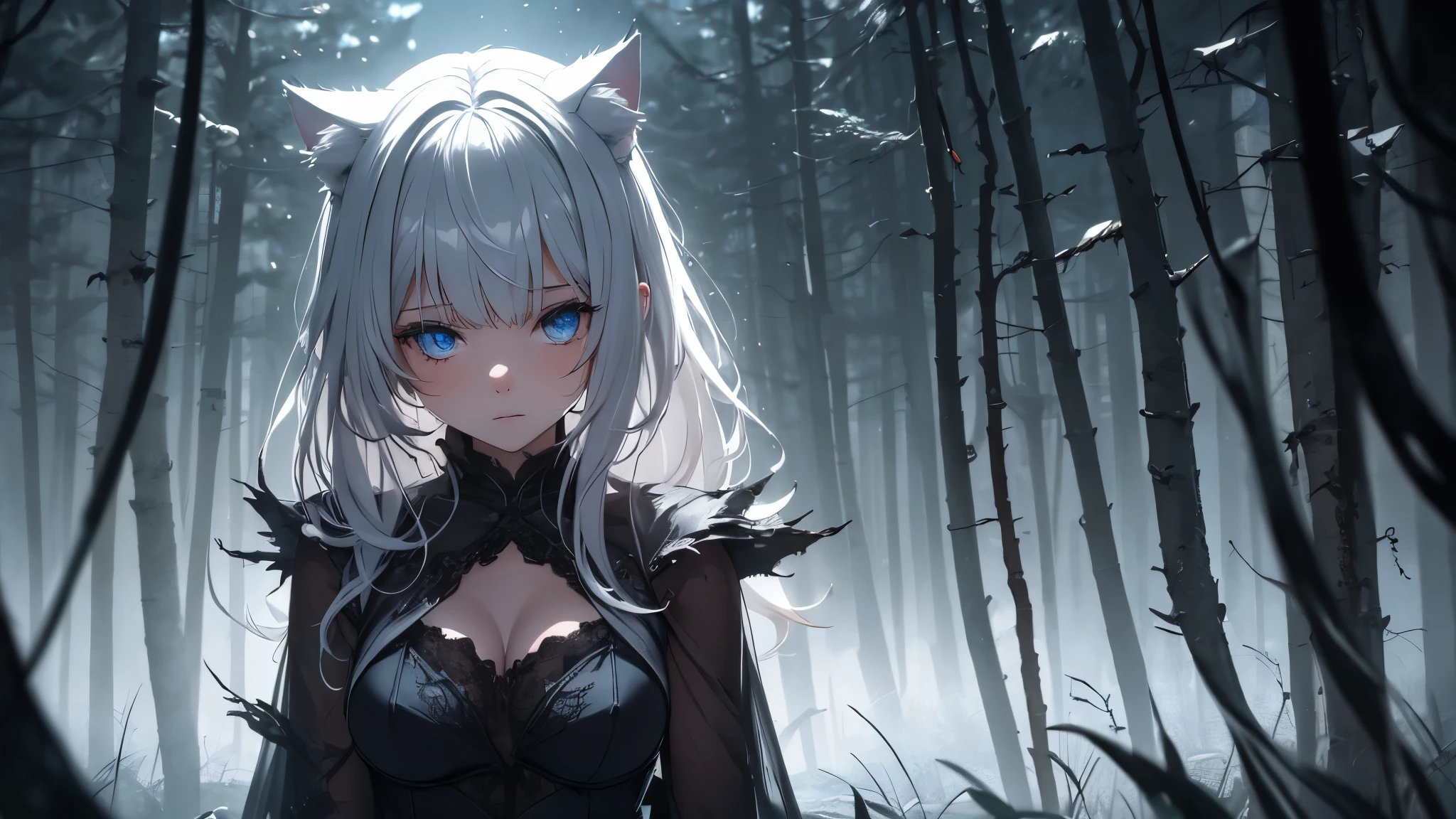 In a mysterious and enchanting world, gloomy fog envelops the scene, as if hiding something deep. Among this fog, A figure emerges, young girl( unreal beauty) with flowing silver hair, cat ears and eyes, flickering with otherworldly light(in torn and torn clothes). The image conveys her tenderness, but a powerful presence., nipples are visible, her ethereal beauty contrasts with the darkness surrounding her. The foggy atmosphere adds mystery and fabulousness to works of art., giving it an almost surreal feel. picture, skillfully executed, showcases intricate detail and vibrant colors, that bring the scene to life. It invites us to plunge into the enchanting world of this anime., where memories are shrouded in layers of uncertainty, Waiting for the solution. Everything is in high definition. 