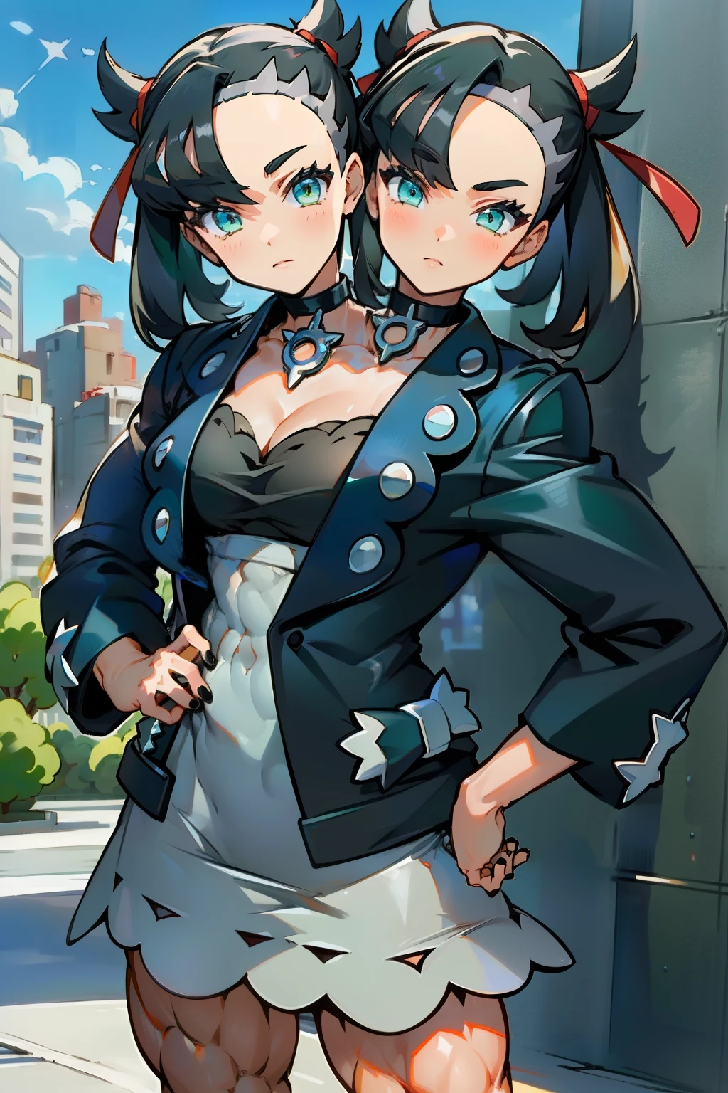 (2heads:1.3), (masterpiece, best quality),  intricate details,
1girl,   marnie_pokemon, choker, red ribbon, black choker, dress, jacket, black jacket, black nails,
pokemon, city, sunny, standing, (muscular:1.6)