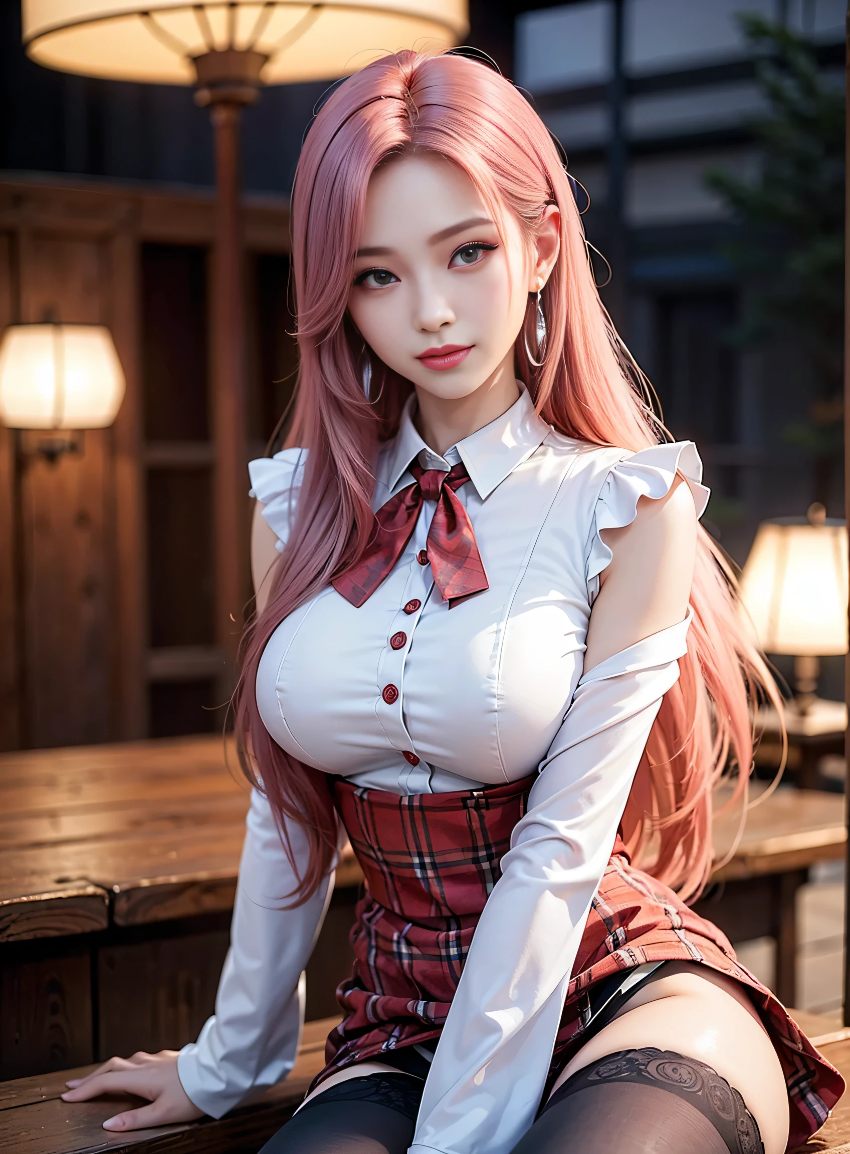 sfw, (sleeves rolled up), (masutepiece) (8K High Resolution) (top-quality) (ultra-definition) (A hyper-realistic) (Beautiful One Girl) (Raw photography) (Photorealsitic) (ighly detailed) (Photographed by a professional photographer) (The most beautiful face) (Perfect body) (Face and body without defects) (Detailed beautiful white skin) (Five Fingers) (9th class) (sixteen years old) (japanes) (FULL BODYSHOT)}} (Loose blouse) (Plaid miniskirt) (Walking in the city) (Very beautiful long legs) (Long pink hair) (Distract your gaze) (Very beautiful long eyes) (Very Beautiful Japan Beautiful Girl) (Very beautiful well-groomed face) (Beautiful high nose) (Very cute red lips) (Beautiful thin eyebrows) (Beautiful double eyelids) (Canon F/1.8 500 mm) (blured background) (Thigh stockings) (Cute boots) (Beautiful silver earrings) (Entire screen subject) (a smile), wearing bra,((skinny waist)), young asian girl, ((big breasted)),