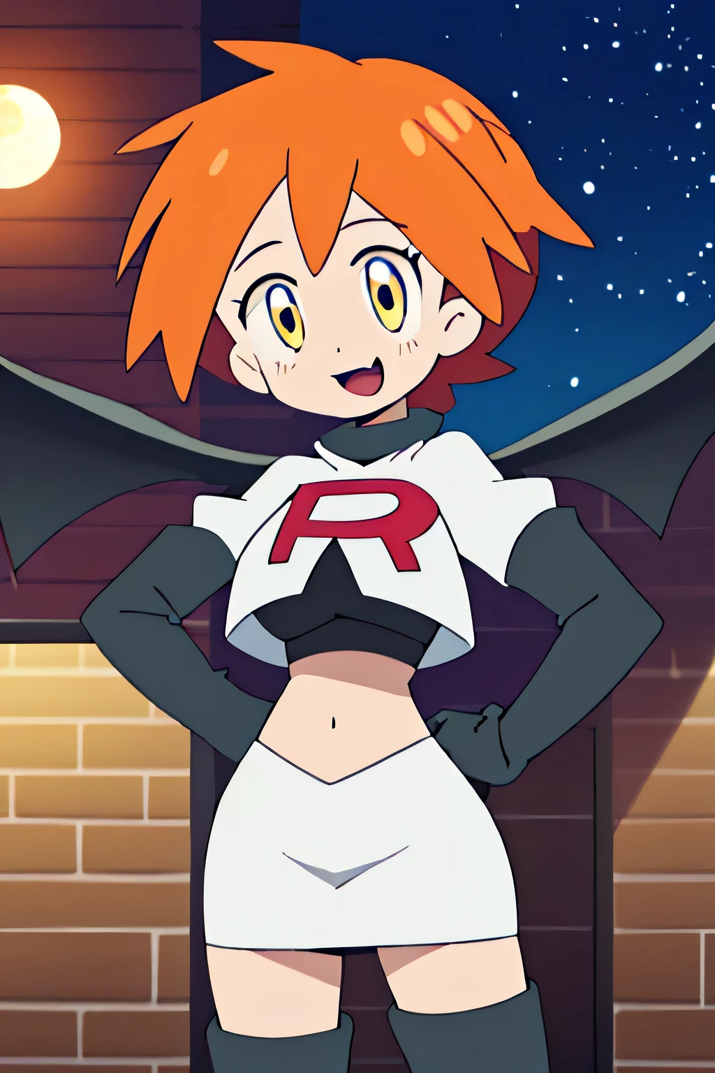 (1girl in:1.2), (Solo:1.2) , Brilliant Textured Work, top-quality, , , , 8 year old, black crop top tee, orange miniskirt, black spiky boots, black spiky wristbands, spiky choker, orange hair, short hair, wavy hair, (violet eyes:1.1), shiny hair, evil smile, standing, contrapposto, hand on hip, Evil Female Executive, villainess, Evil Fall, darkness, Downtown at night, Concrete roads, large breasts, (empty eyes:1.5), (Forcibly fitted gem:1.2), corrupted gem , eyeball gem, (cracked gem:1.2), curse seal, (parasite eroded gem:1.1), Heart-shaped tattoo on the lower abdomen, eroded, bat wings, open mouth, large fang, full moon,team rocket uniform, red letter r, white skirt,white crop top,black thigh-high boots, black elbow gloves, evil smile, looking at viewer, hands on hips
