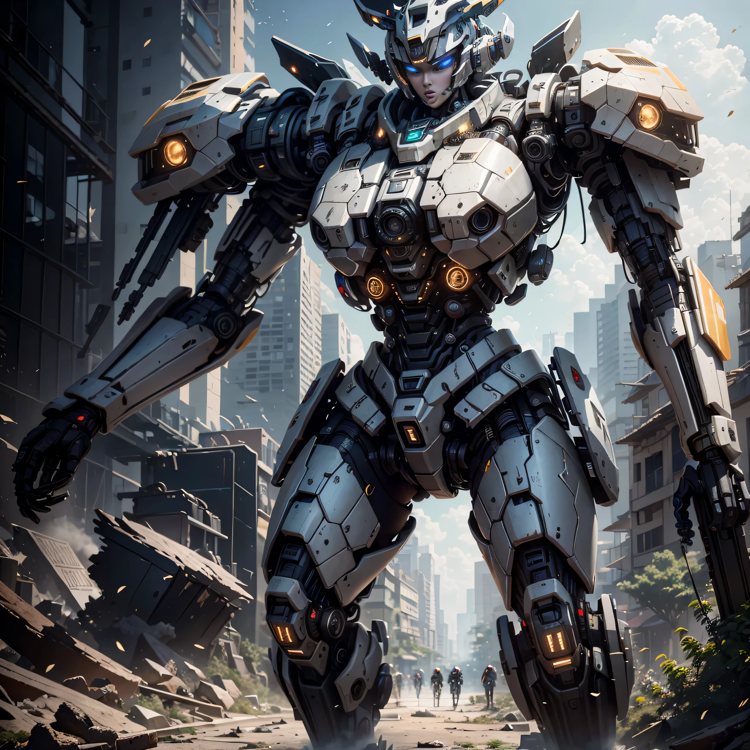 ((melhor qualidade)), ((obra de arte)), (muito detalhado: 1.3), 3D, Shitu-Mecha, Beautiful cyberpunk woman wearing crown with her mecha in the ruins of a city in a forgotten war, cabelo longo prateado, Science fiction technology, HDR (High-range dynamics), rastreamento de raio, NVIDIA RTX, Super resolution, irreal 5, underground dispersal, Textura PBR, post-processing, Anisotropic filtering, profundidade de campo, Maximum sharpness and sharpness, textura multicamadas, Albedo e mapeamento especular, Surface shading, Accurate simulation of light-material interactions, perfect proportions, Octane rendering, duotone lighting, ISO baixo, White balance, Rule of Thirds, grande abertura, 8K CRU, high efficiency subpixels, subpixel convolution, glow particles, Light Dispersion, Efeito Tyndall