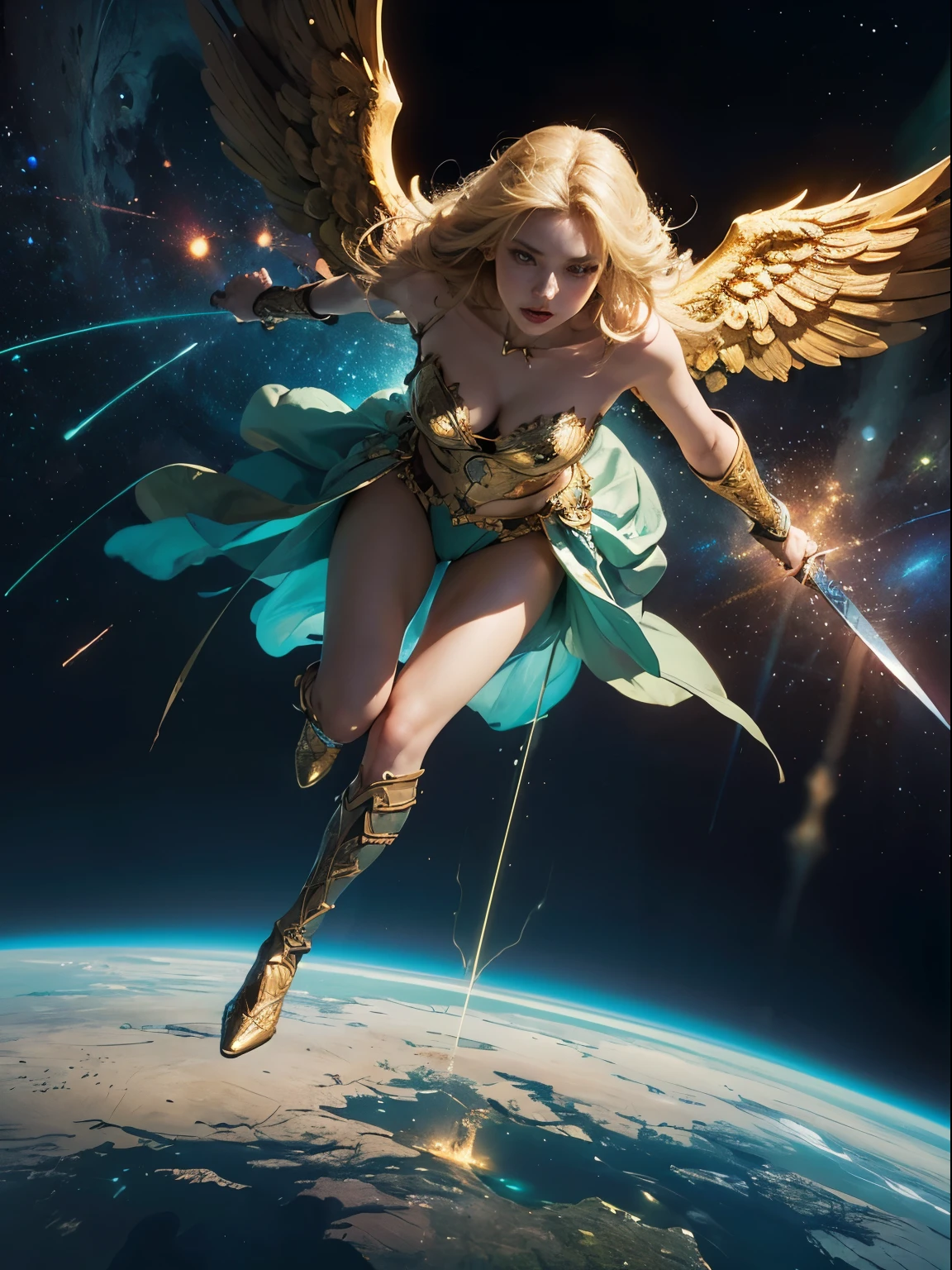 angel of doom flying over the blue-green earth, very biggest majestic wings, holding golden dagger, harsh descent towards the planet from outer space, glow with power, gleaming armor glinting in the starlight, planet swirling with blues and greens under a hazy atmosphere, radiating powers, perspective , epic dark fantasy artwork, dynamic motion, 32k UHD, hyper-realistic, glowing details, precisionist lines, cinematic, ultra details, intricate details, golden angel, blonde hair, (best quality), ((ultra realistic)), ((detailed face)), (masterpiece), (perfect angel dagger), ((high-angle)), (realistic face:1.1), ((full body)), ((photorealistic:1.1))