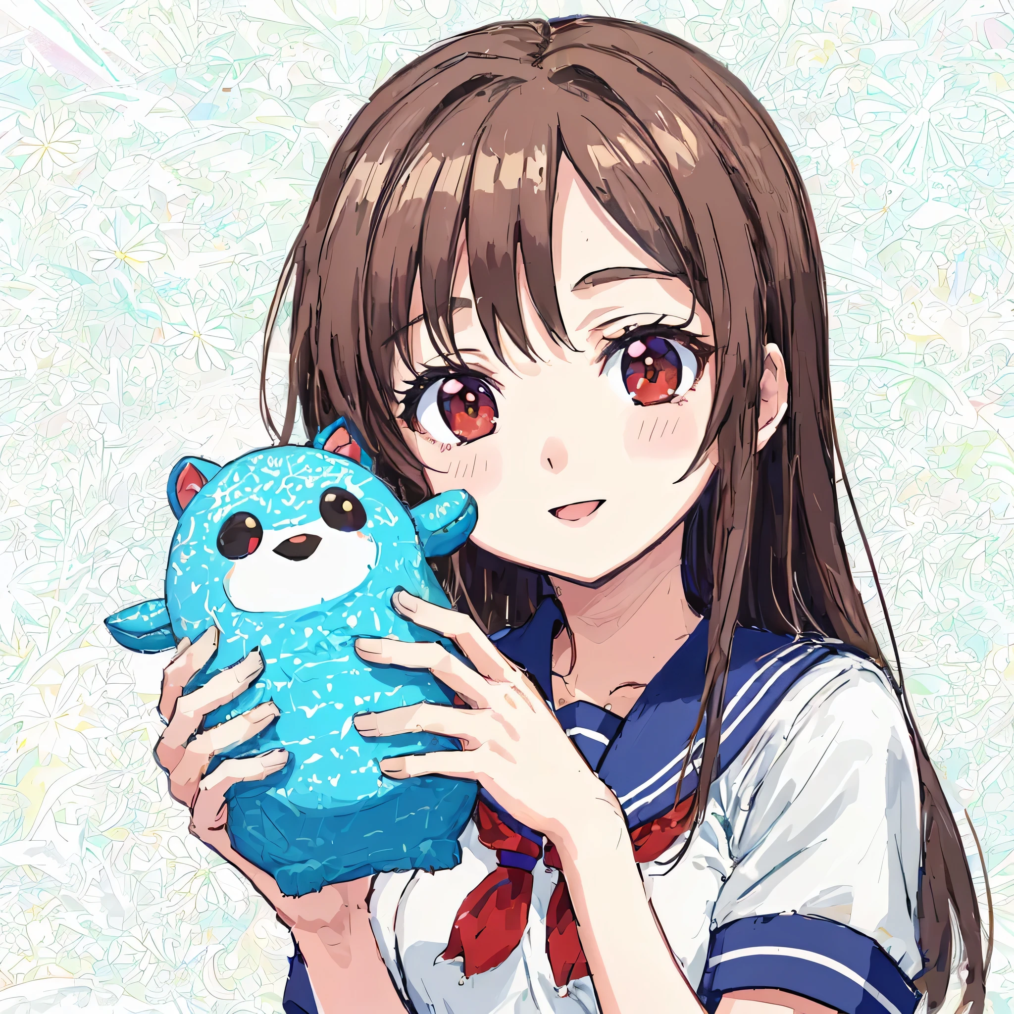 super detailed,masterpiece, highest quality,figure,sailor suit,slanted eyes,straight hair,brown hair,side part,super dense skin,beautiful and fine eyes,short sleeve shirt,red eyes,(medium breasts:1.1), (A raised and well-defined bust:1.1), (lifted chest:1.2), (perky chest :1.1),high school girl,please sit down,high socks,loafers,smile,blush,BREAK catch light eyes,stuffed toy