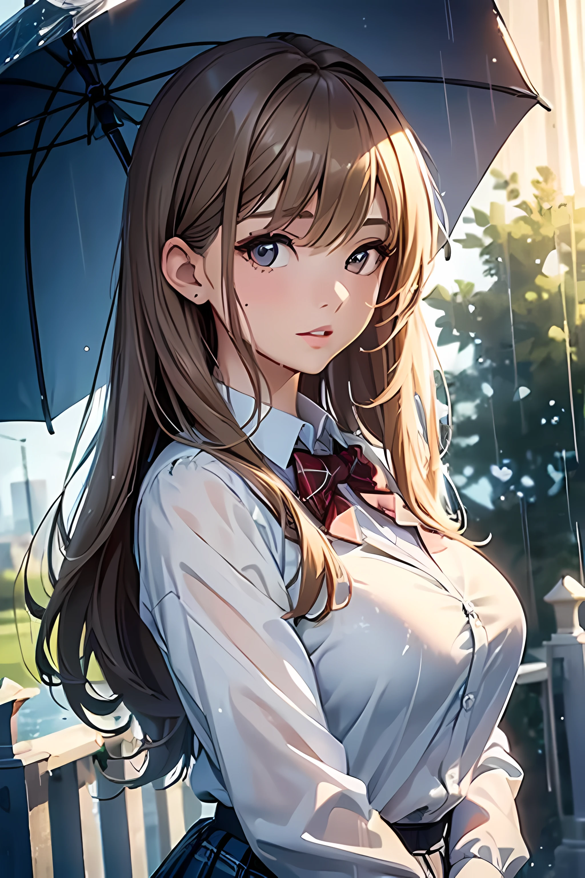 ((highest quality, 8K, masterpiece :1.3)), Beautiful woman, 1 girl, big breasts:0.9, slender body shape :1.2, light brown hair, (rain, wet from rain, wet body :1.1), super detailed face, detailed lips, fine brown eyes, double eyelid, school uniform, white collared shirt, bow tie, Blue plaid skirt, pleated skirt,