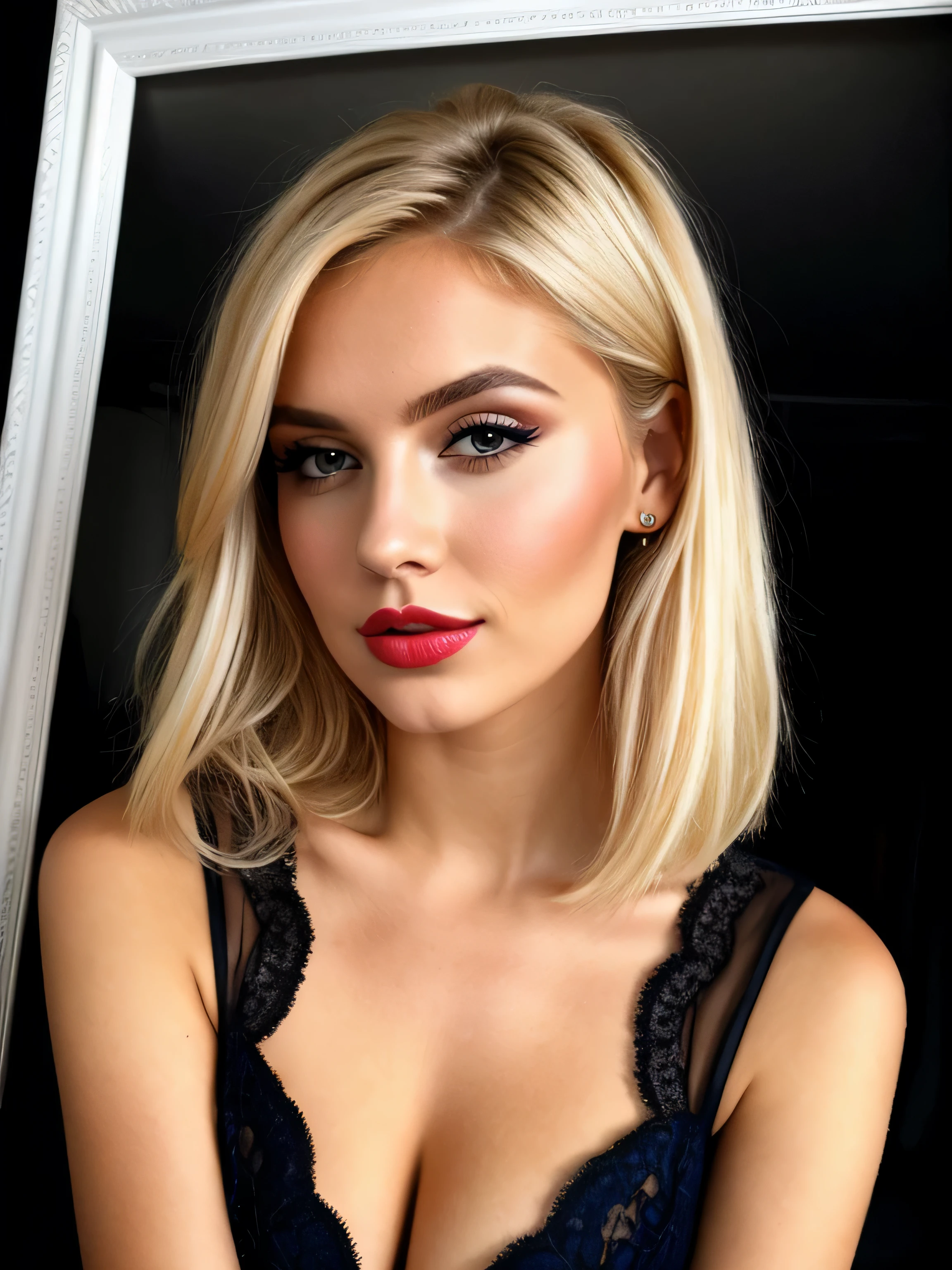 une femme blonde de 23 ans maquillée, encadré des genoux à la tête, Photoréalisme, Haute qualité,  studio mode photo on very dark background, mode, Cheveux blonds with the racines châtain clair, cheveux blond, Cheveux avec des racines brunes,  yeux bleus, belle femme, vue de face, Haute qualité, coupe de cheveux, robe de soirée très chic, maquillage, rouge à lèvres