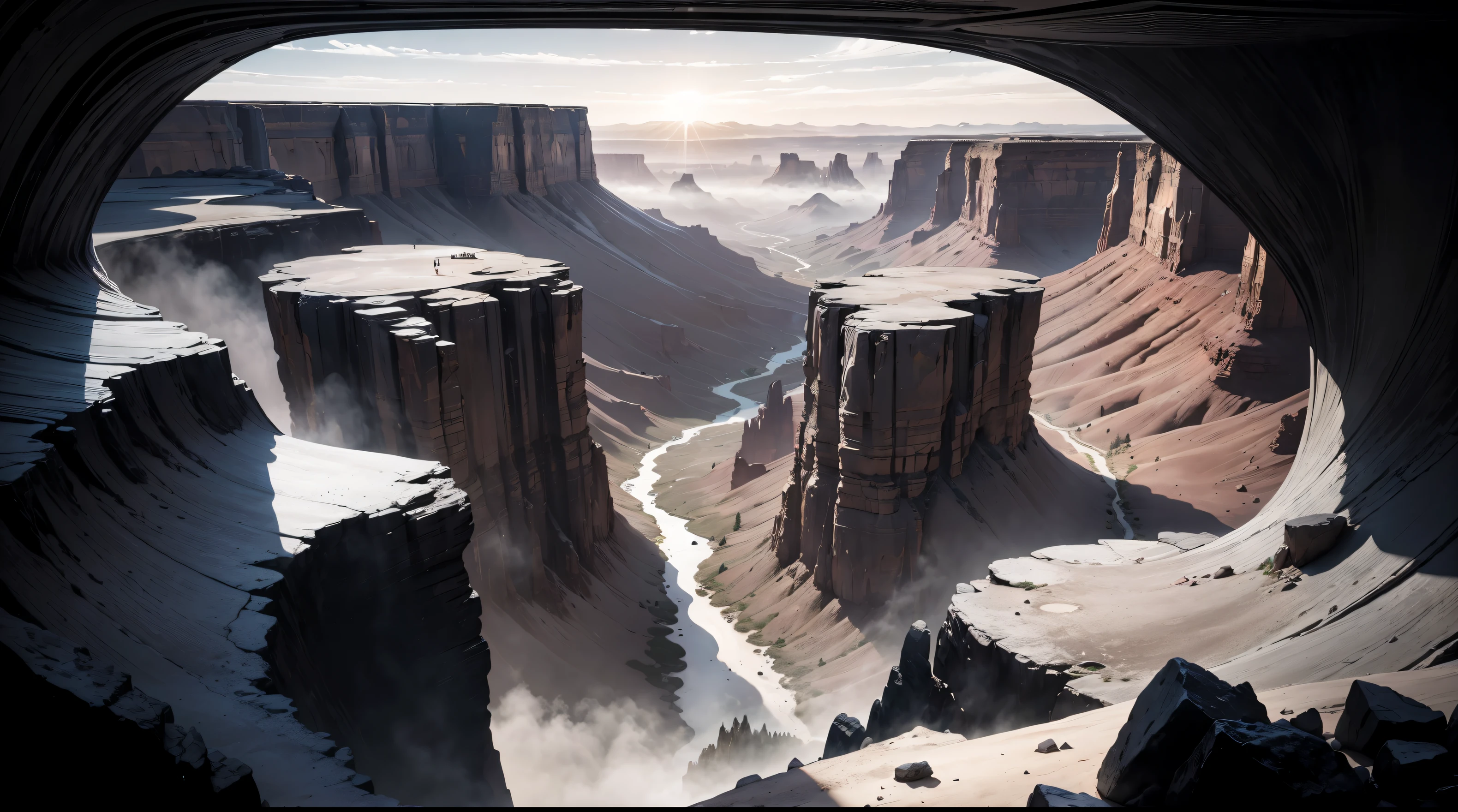 Monument Valley,The rays of the setting sun cut through the clouds,rock formations,Mesa Bhikkhu,high cliffs,desert,Endless open space,Pink lines,(In monochrome art style, recurring ominous.),Felicia Simin,Digital Art Technology Light Black and Purple,Rolling wave black-orange - Q2 - S750 - V 5.