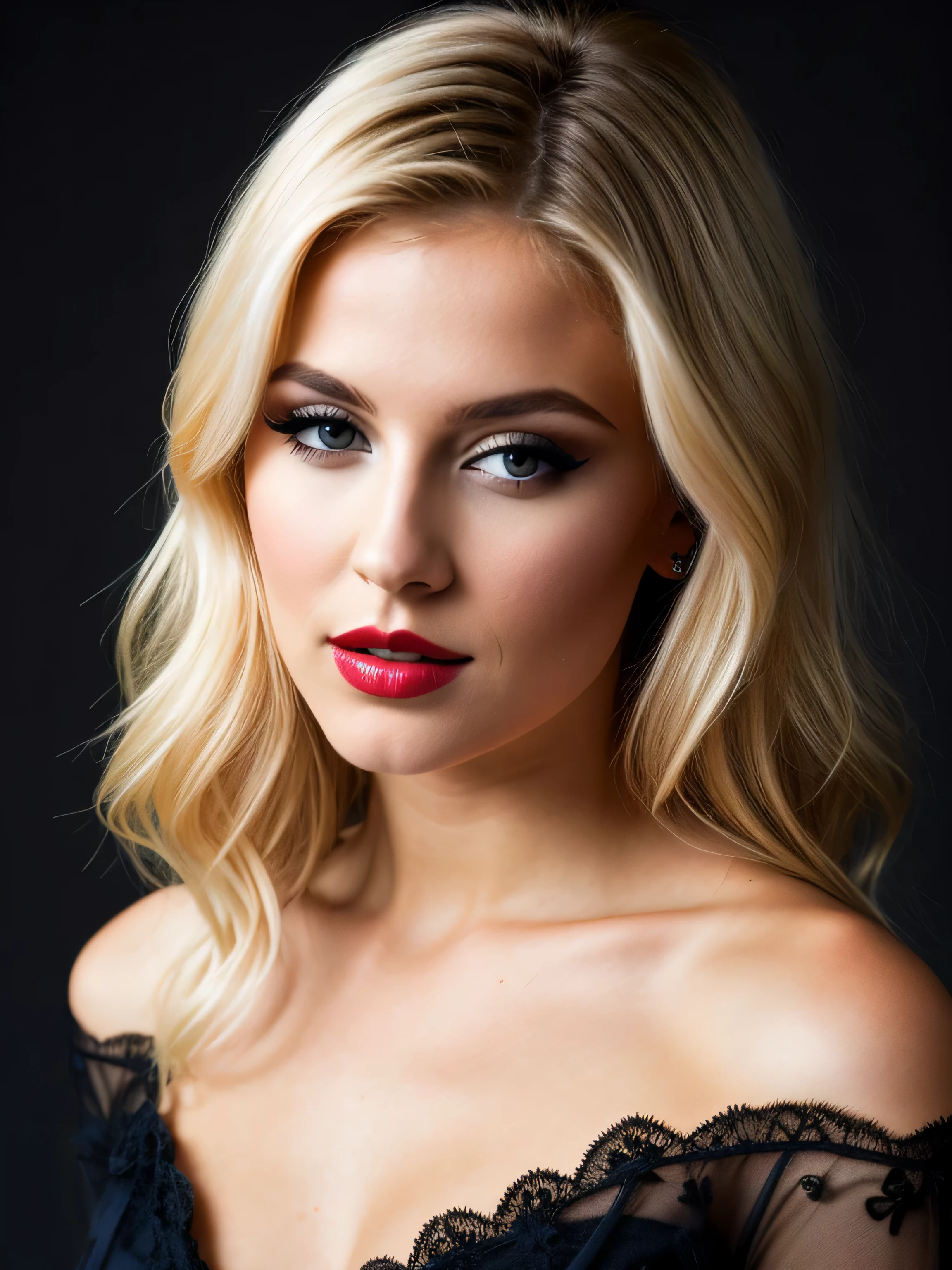une femme blonde de 23 ans maquillée, encadré des genoux à la tête, Photoréalisme, Haute qualité,  studio mode photo on very dark background, mode, Cheveux blonds with the racines châtain clair, cheveux blond, Cheveux avec des racines brunes,  yeux bleus, belle femme, vue de face, Haute qualité, coupe de cheveux, robe de soirée très chic, maquillage, rouge à lèvres