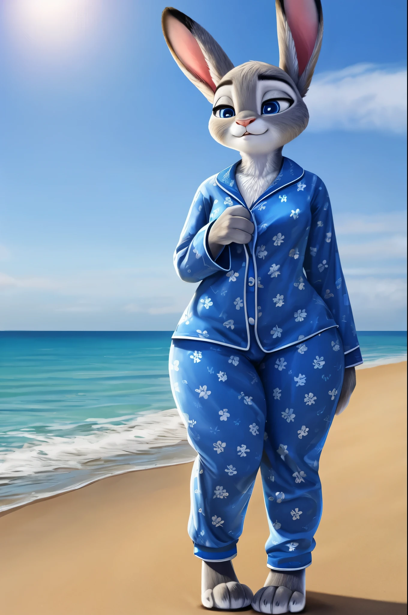 judy hopps,realistic fur,sleeping pajamas,thick paws,thick thighs,standing,bright blue eyes,beach,masterpiece HIFI,thick thighs,tight clothes
