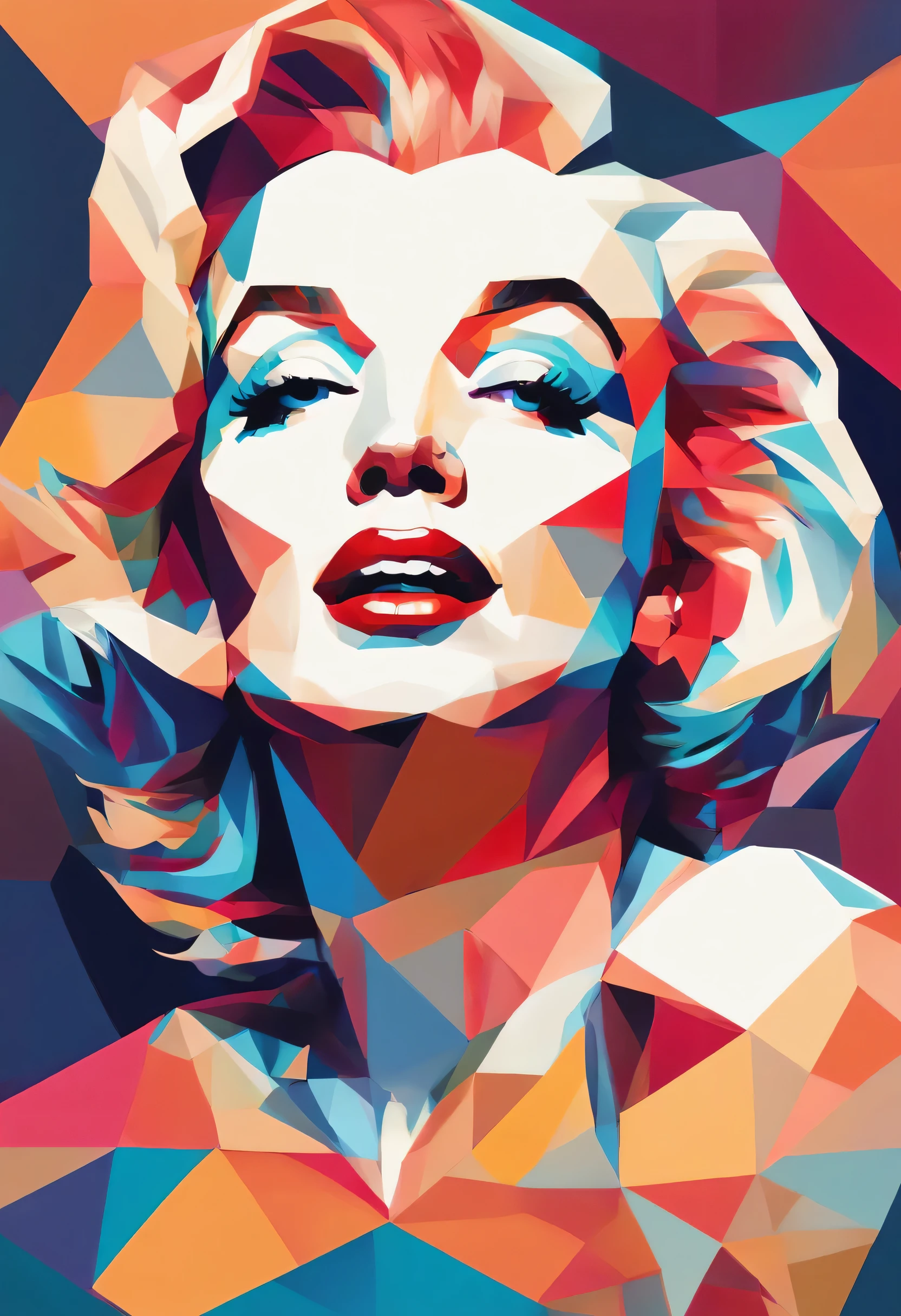 Marilyn Monroe creates a digital pop art piece, A bright and confident woman with bold makeup and bright fashion., Cinematic color scheme, surrounded by abstract floral patterns, vigorous stroking,the mood should be dynamic.