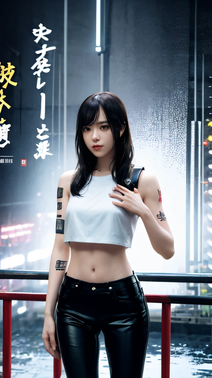 highest quality，masterpiece，Super detailed，8K, UHD，Beautiful woman，japanese woman，Expressionless，(Topless)，whole body，((tattoo))，slim，black leather pants，black leather vest，(female mafia)，gangster，(cyberpunk city)，night，cinematic lightening，movie poster，underworld