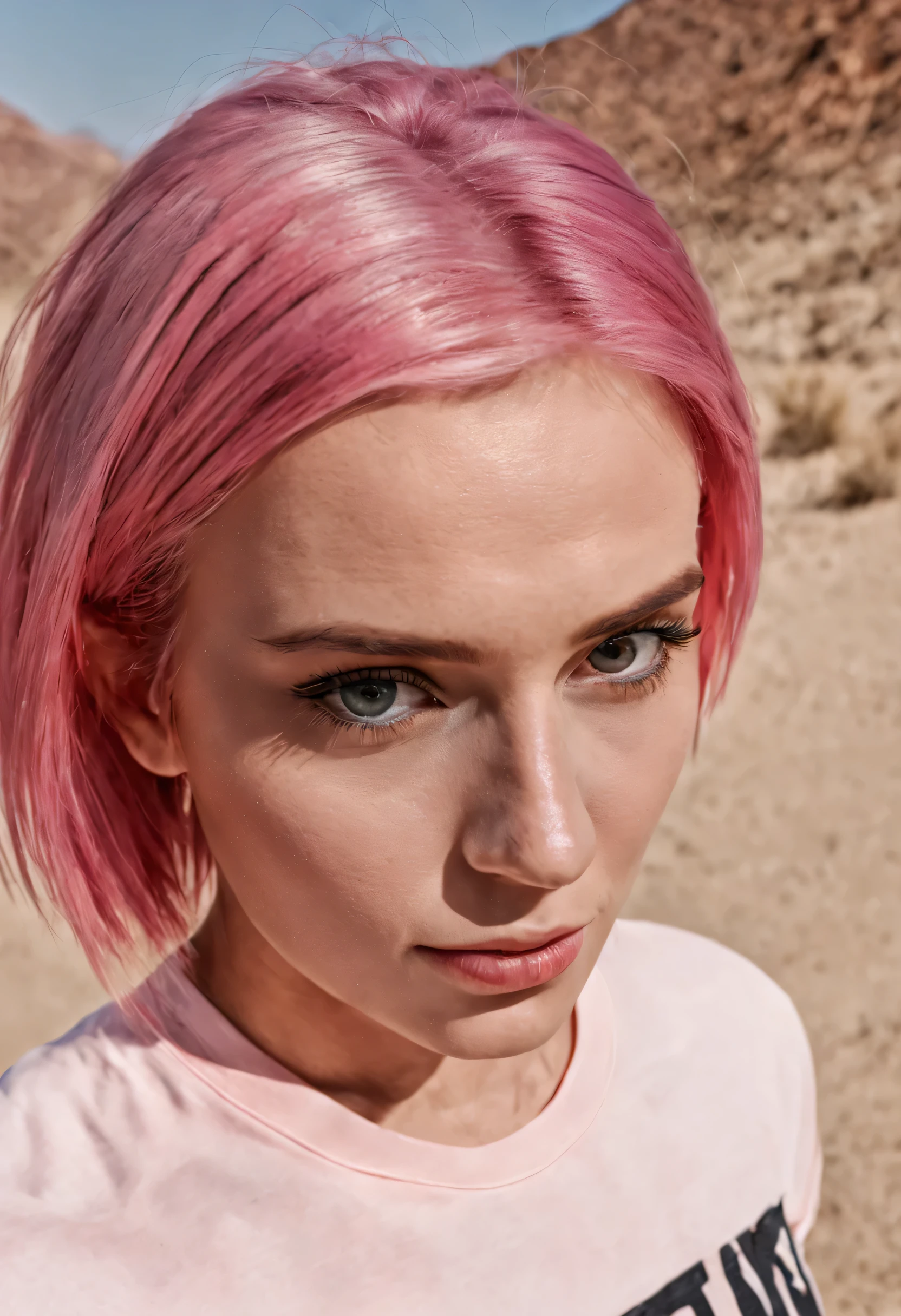 sharp raw photo close-up symmetric {Young woman, pink hair, Russian, in sportswear, T-shirt, leggings}, completely covered, Hyperrealism, 8к HD, desert background , realistic skin texture, defective skin, Shot on iPhone 15, portrait , looks straight into the camera, Face straight, symmetric, masterpiece