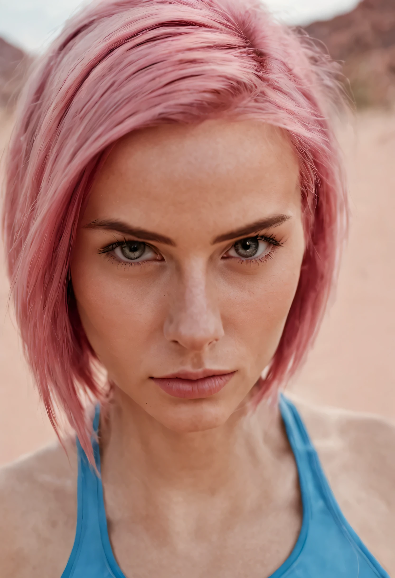 sharp raw photo close-up symmetric, soft light   {Young woman, pink hair, Russian, in sportswear, mole on cheek }, completely covered, Hyperrealism, 8к HD, desert background , realistic skin texture, defective skin, Shot on iPhone 15, portrait , looks straight into the camera, Face straight, symmetric, masterpiece 