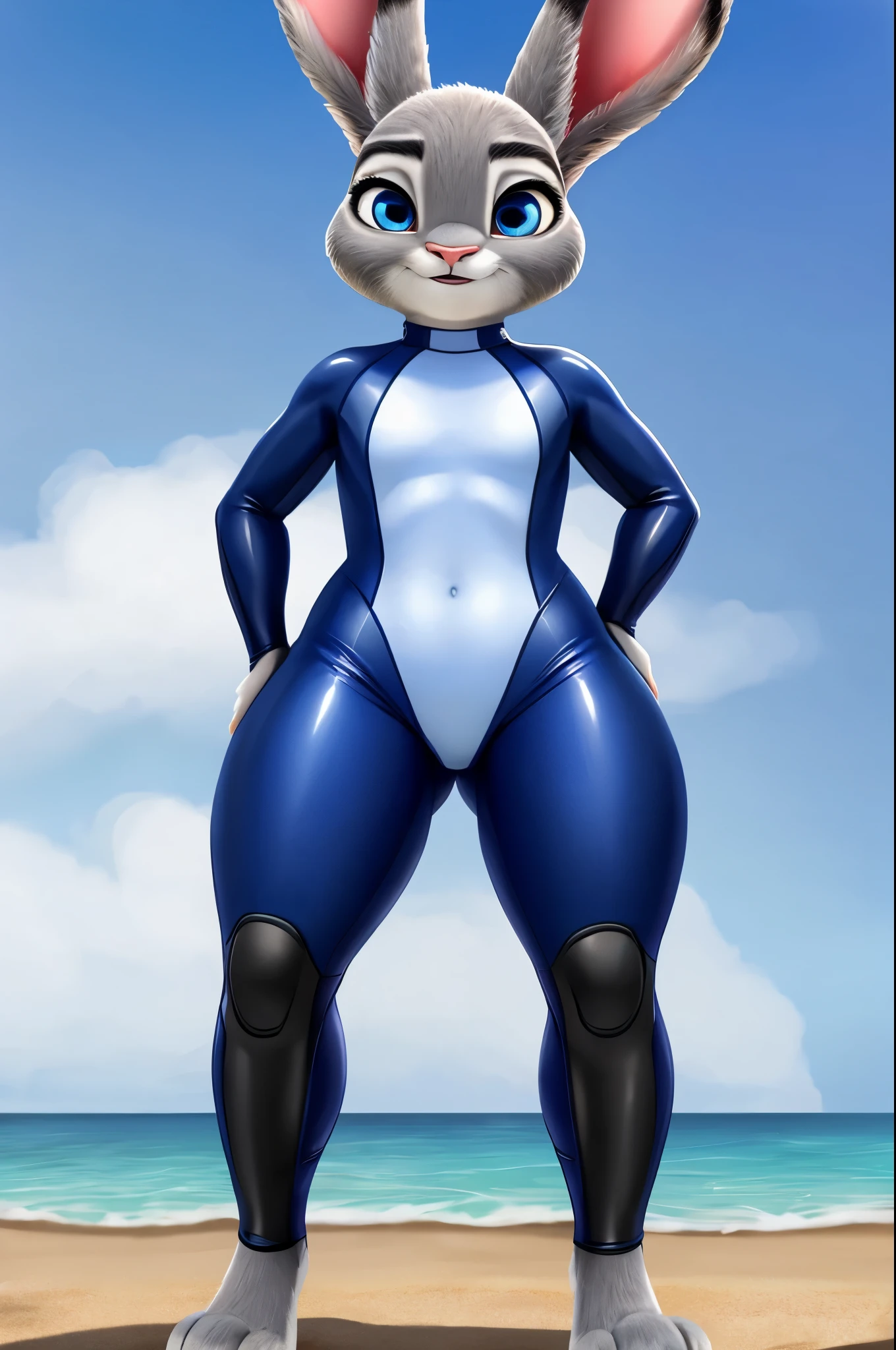 judy hopps,realistic fur,thick paws,wetsuit,thick thighs,standing,bright blue eyes,beach,masterpiece HIFI,thick thighs,tight clothes