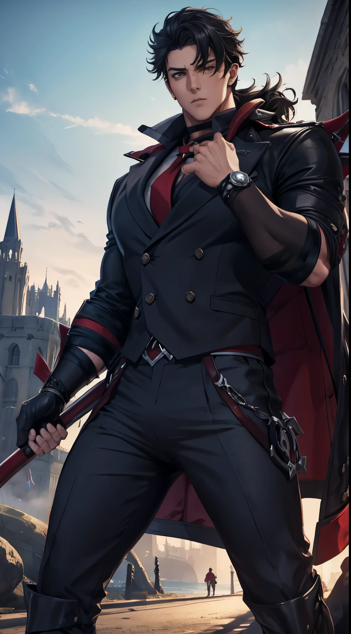 Wriothesly LoRa, male character, face detailed, handsome, black suit, red tie, black pants, leather trench coat, combat stance(body), super detailed, muscle, black gloves, medieval landscape.