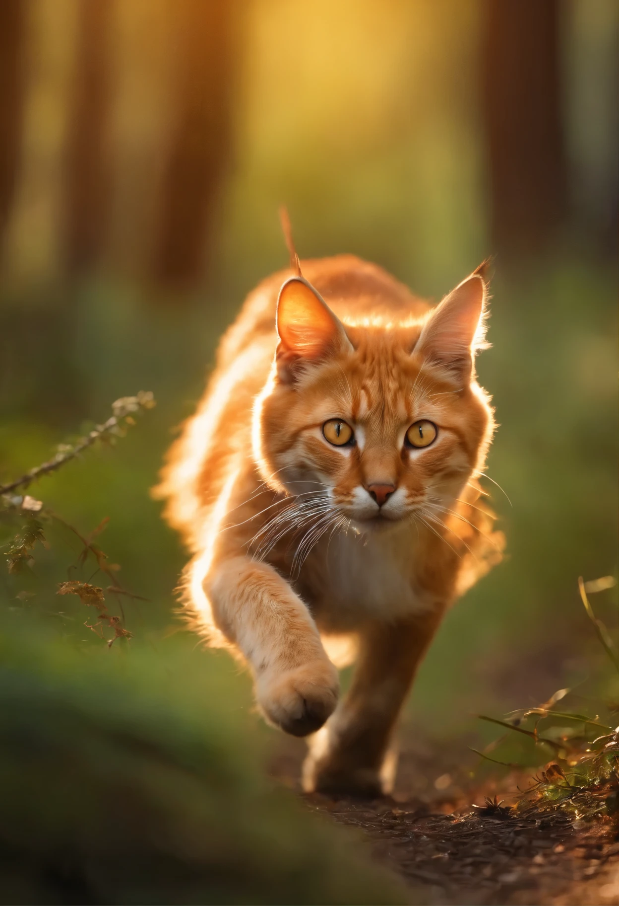 Cat running from a fox in the forest
