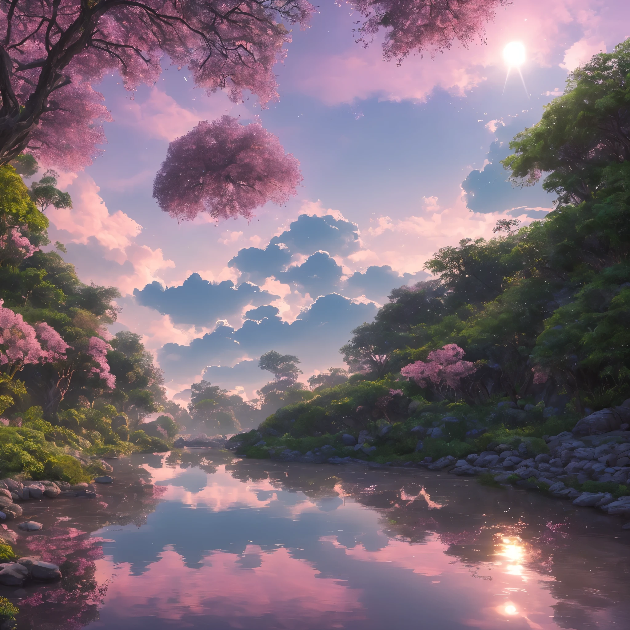 Illustration of a hyperrealist , sobrenatural, Ultrasky Internship,Very detailed and magical pink lighting,  Vegetation and river around, solarpunk ,paisagem, Beautiful foliage with beautiful lighting and realistic proportions, as if it were a movie set, 8k, Mais alta qualidade, obra de arte, Clouds and stars in the sky.